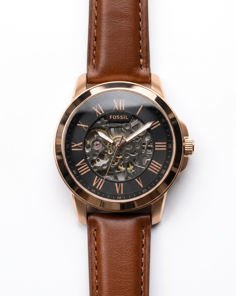 FOSSIL GRANT AUTOMATIC SKELETON ROSE GOLD TONE BROWN STRAP WATCH (AA)