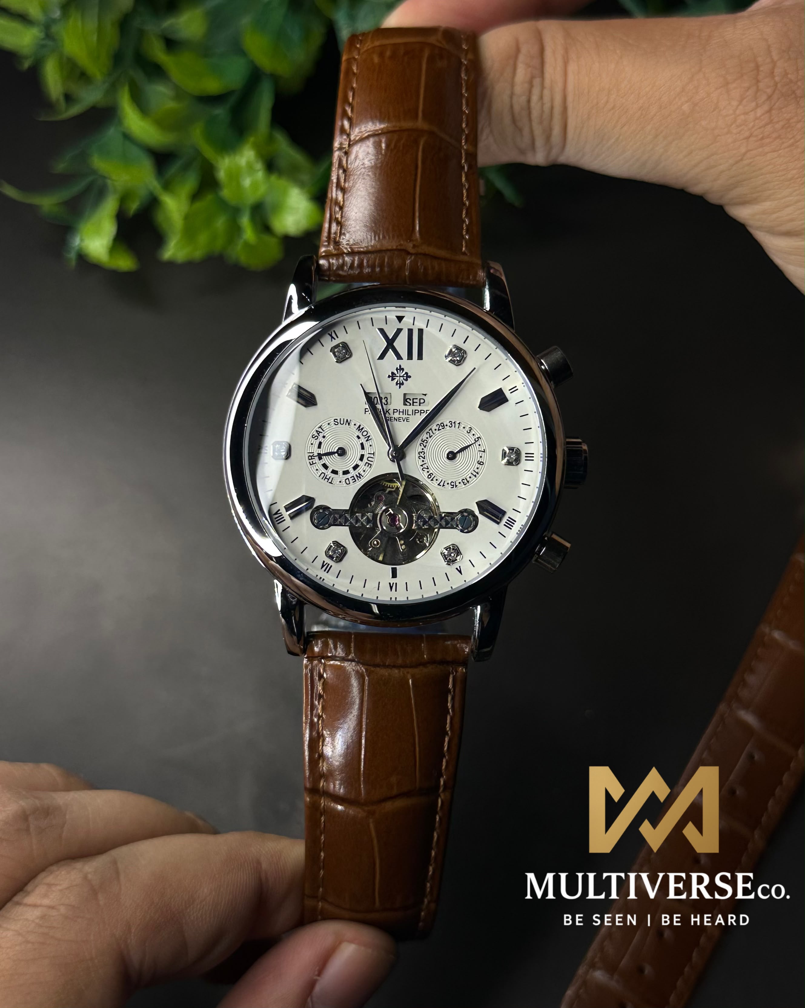 PATEK PHILIPPE GRAND CALENDAR OPEN-HEART PERPETUAL BROWN LEATHER WATCH_img_2