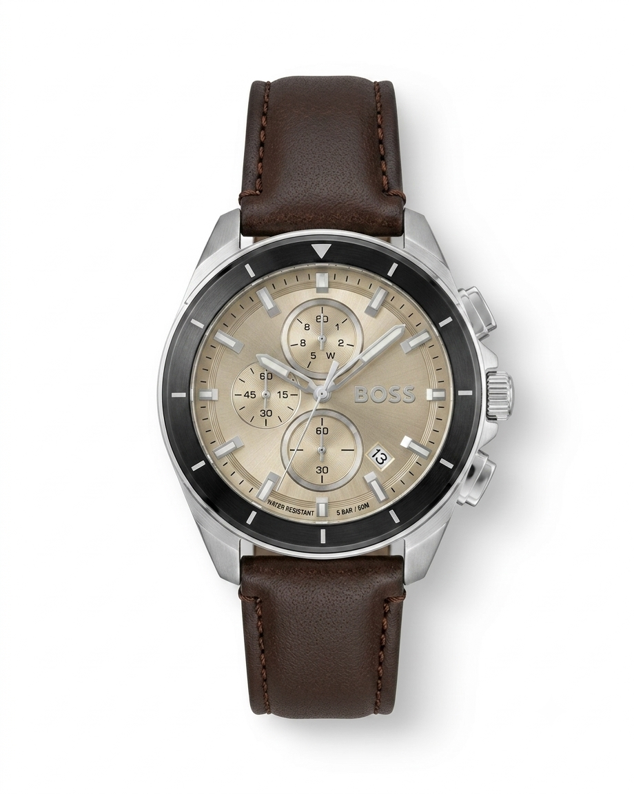 HUGO BOSS | VOLANE CHRONOGRAPH | DARK BROWN LEATHER | SILVER DIAL WATCH | AA GRADE |