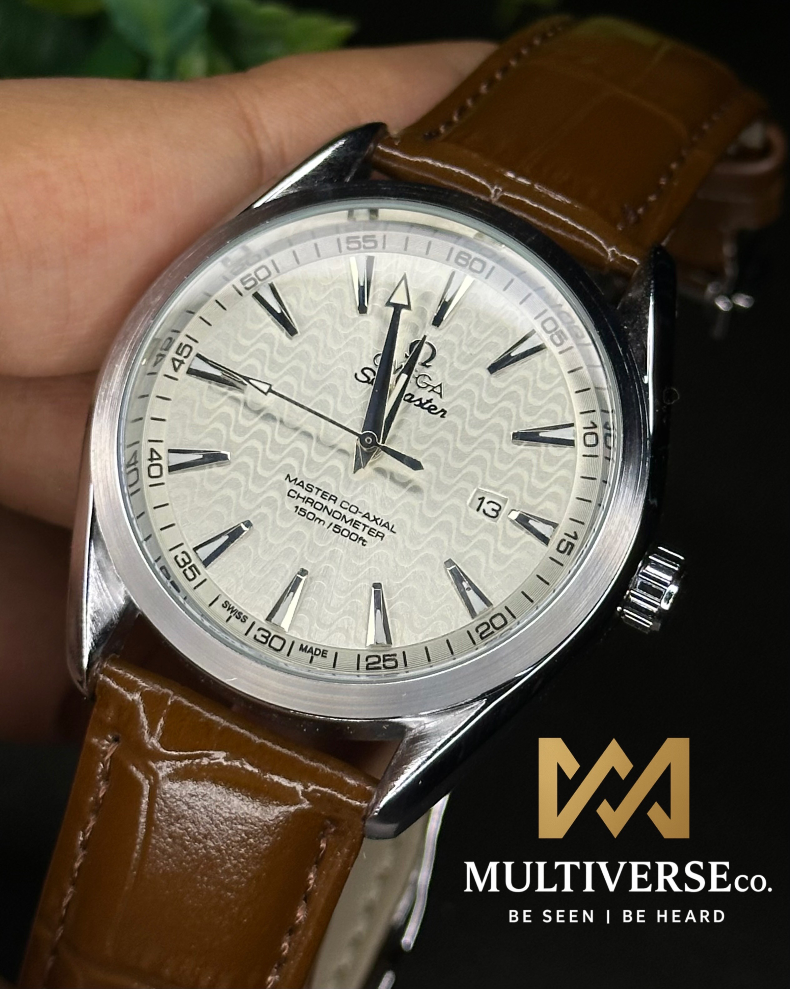 OMEGA SEAMASTER WHITE WAVE PATTERN DIAL BROWN BELT (AA)_img_1