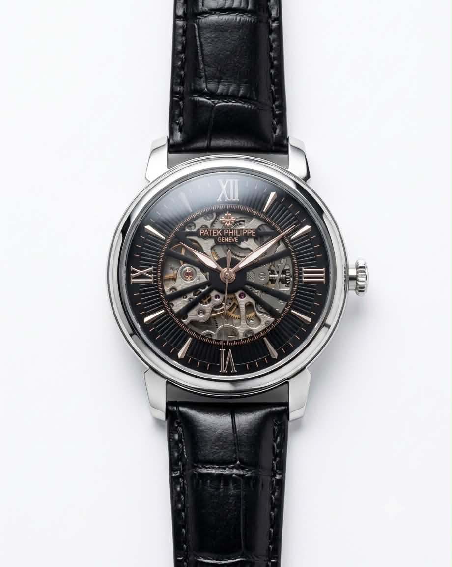 PATEK PHILIPPE SKELETON ROMAN BLACK LEATHER BLACK DIAL SILVER CASE WATCH (AA)