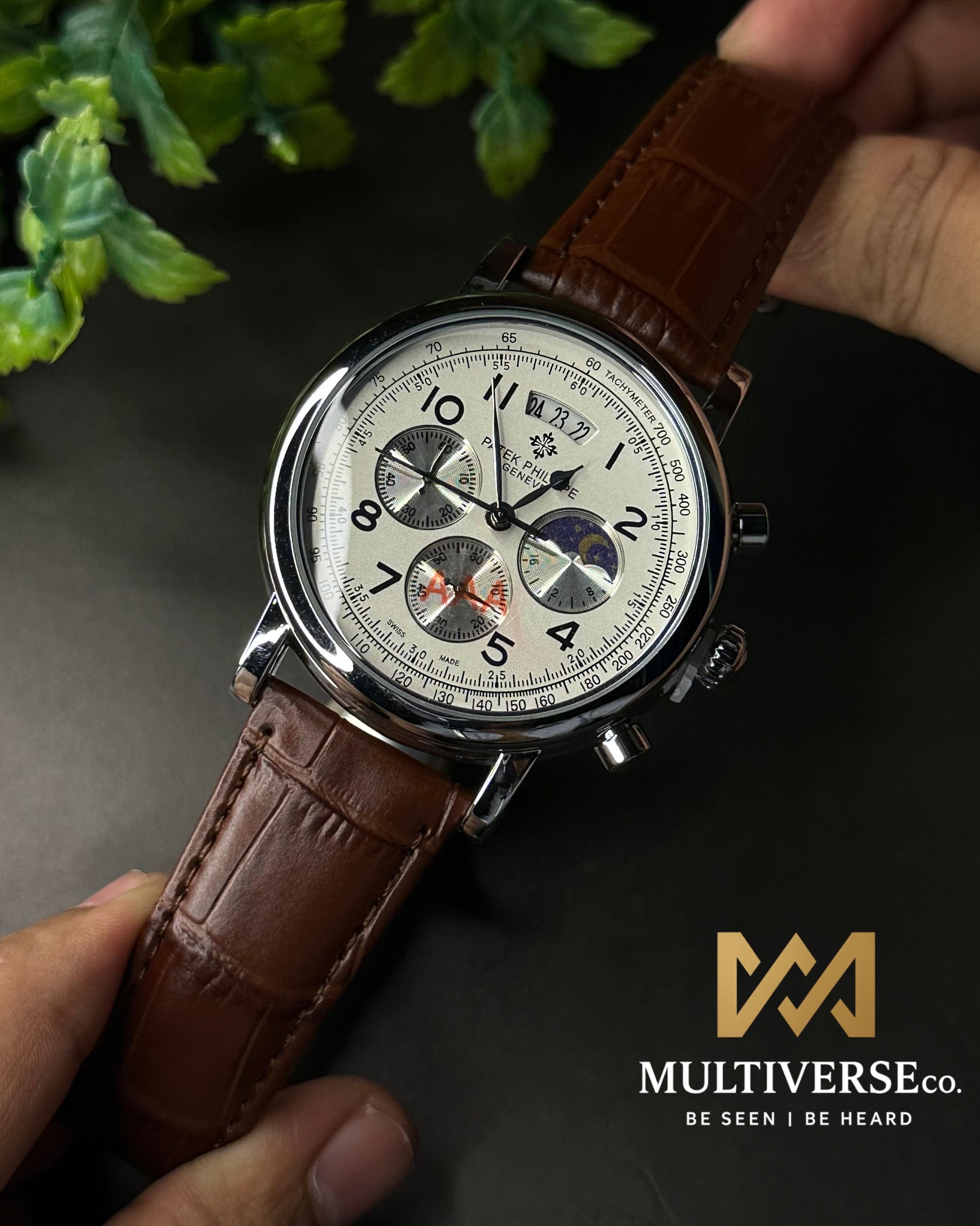 PATEK PHILIPPE | BROWN BELT WHITE DIAL SERLVER CASE | CLASSIC MULTI-FUNCTION MOONPHASE CHRONOGRAPH | (HOMAGE) AA