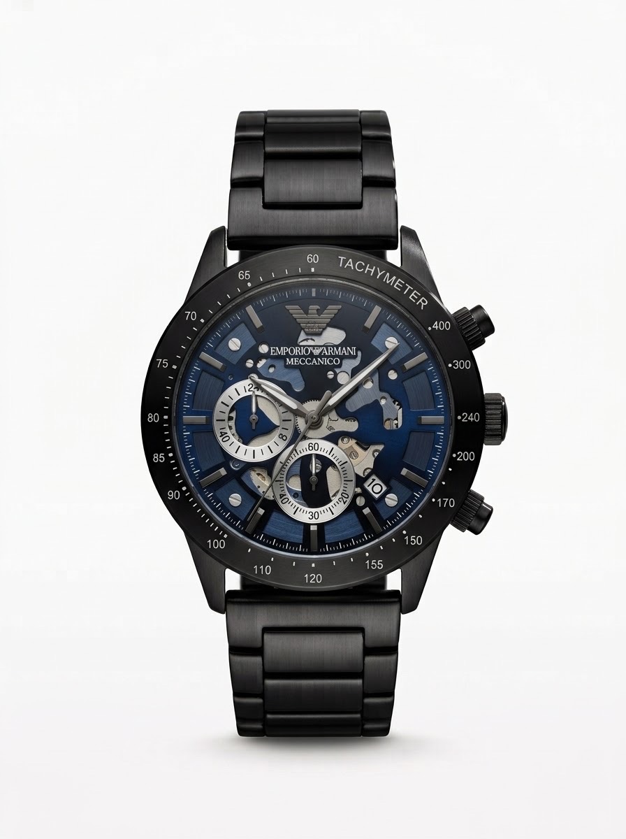 EMPORIO ARMANI MECCANICO BLACK TONE BLUE DIAL WATCH