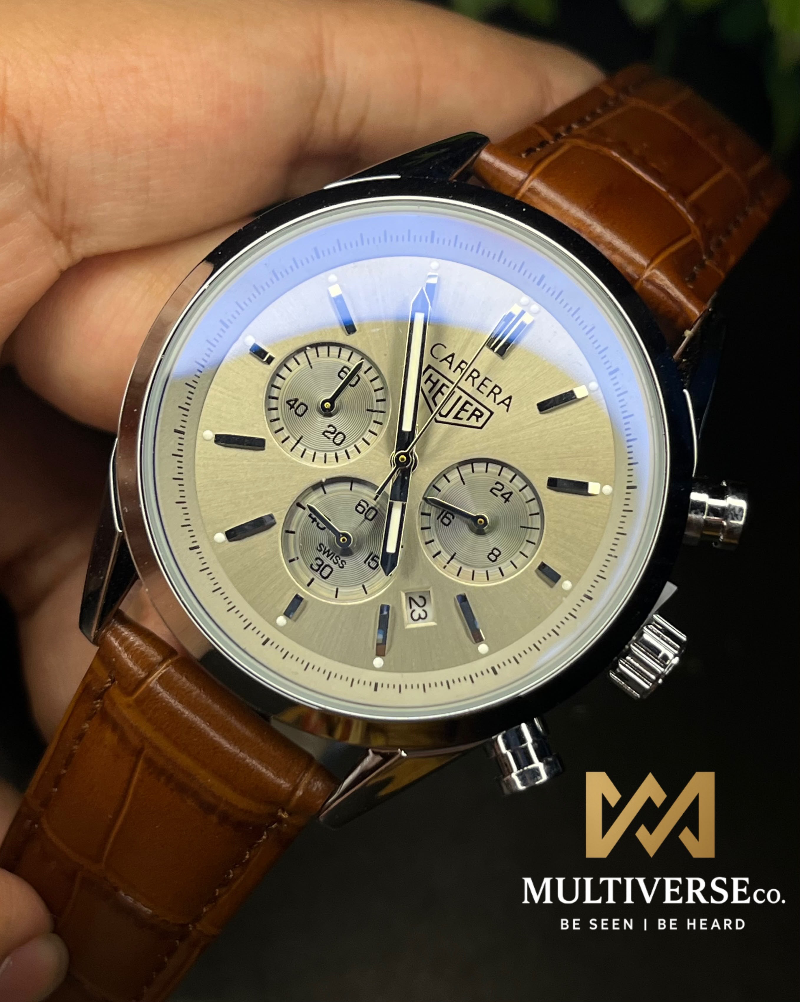 TAG HEUER CARRERA 3 CHRONO BI-COMPAX BROWN BELT SILVER CASE GREY DIAL WATCH_img_1