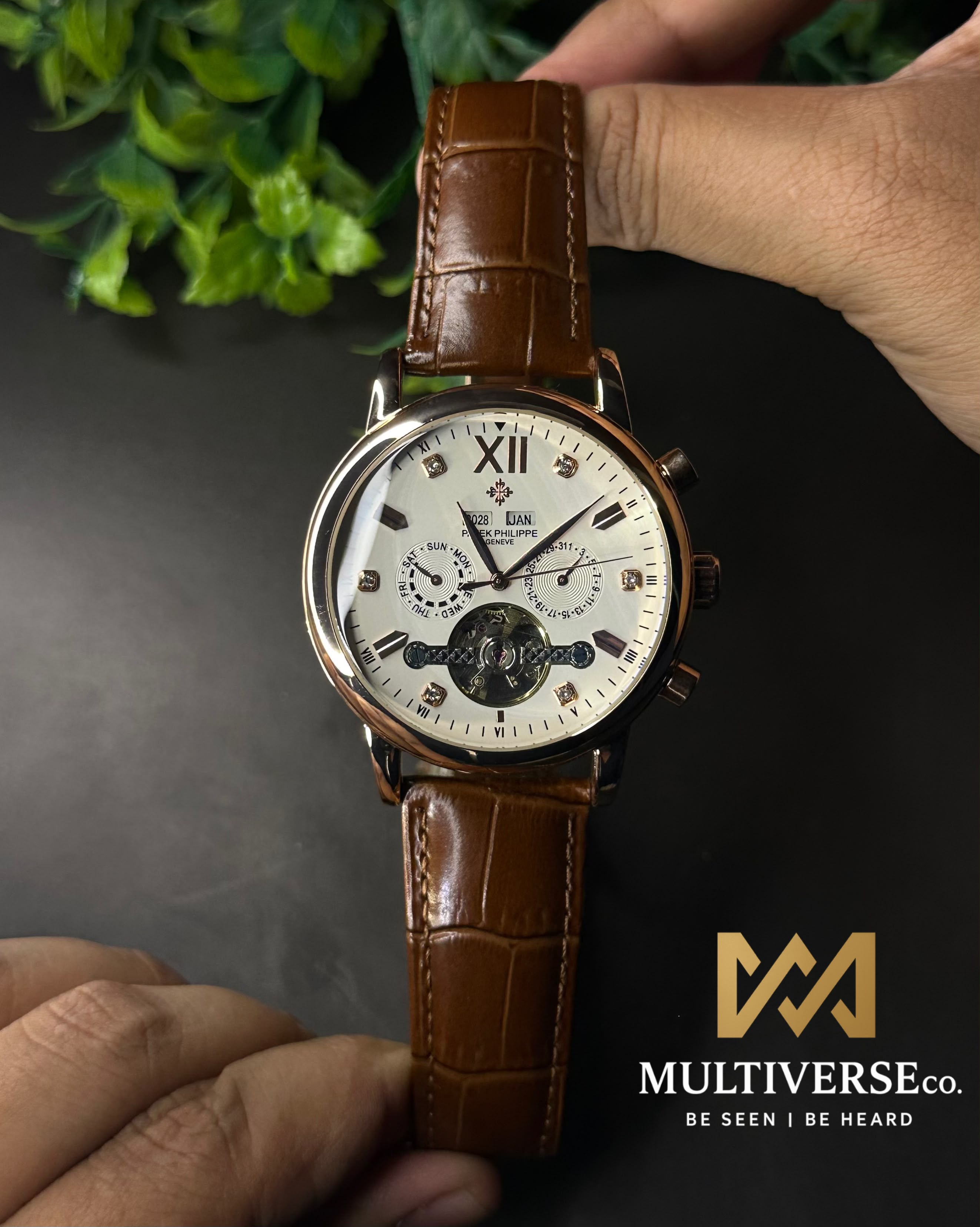 PATEK PHILIPPE GRAND CALENDAR OPEN-HEART PERPETUAL BROWN LEATHER ROSE GOLD TONE WATCH_img_1