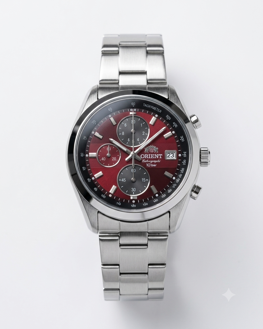 ORIENT NEO 70S PANDA CHRONOGRAPH RED DIAL SILVER TONE WATCH (AA)