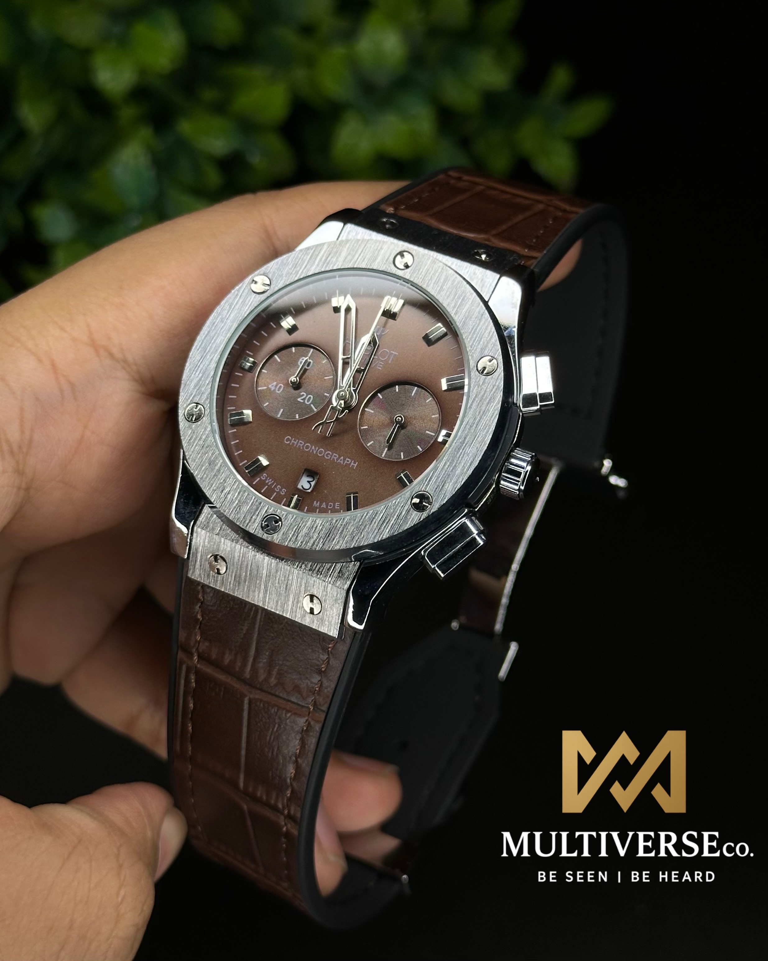 HUBLOT CLASSIC FUSION CHRONOGRAPH BROWN DIAL SILVER CASE BROWN BELT (AA)_img_0