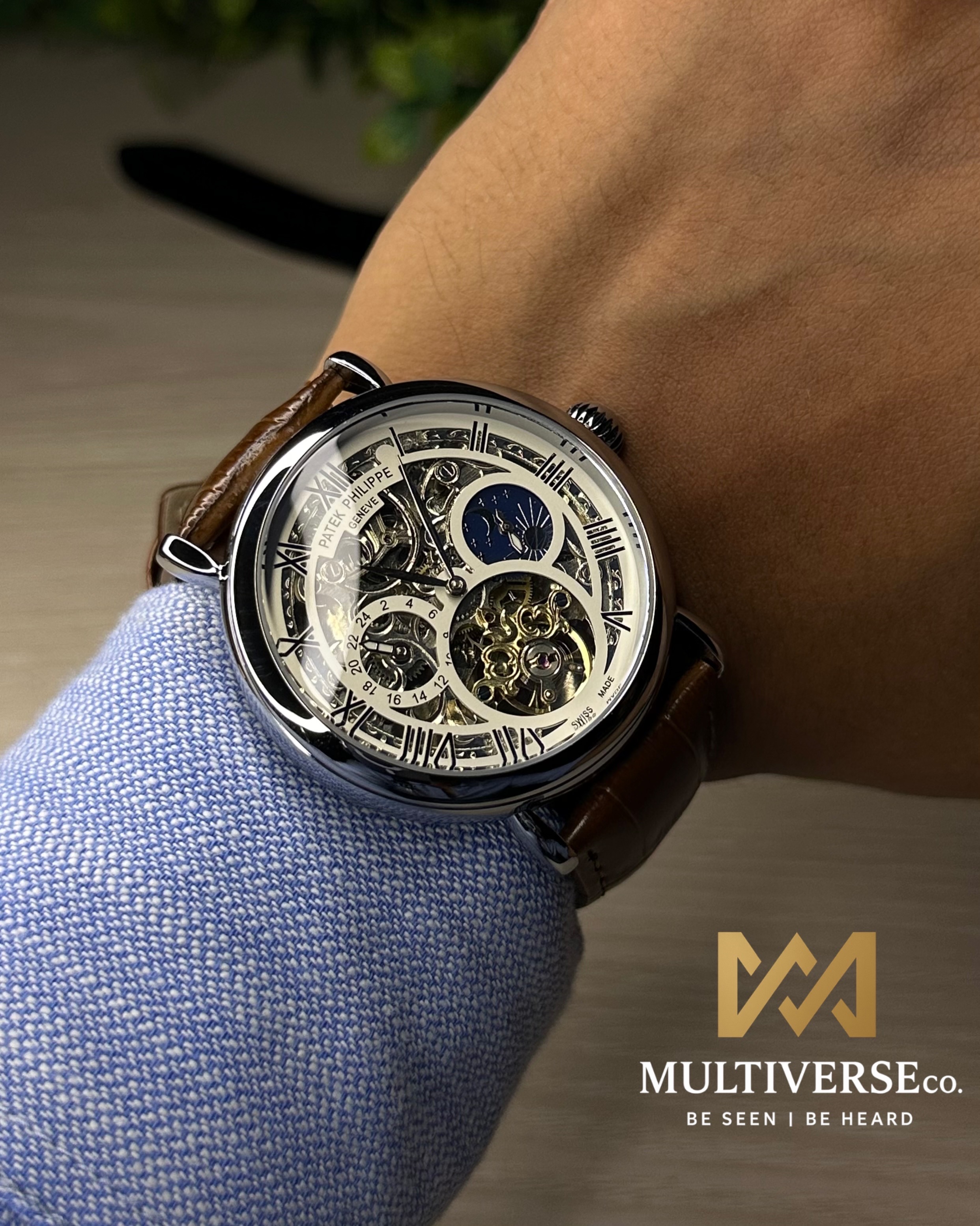 PATEK PHILIPPE SKELETON TOURBILLON BROWN LEATHER SILVER TONE WHITE DIAL WATCH_img_1