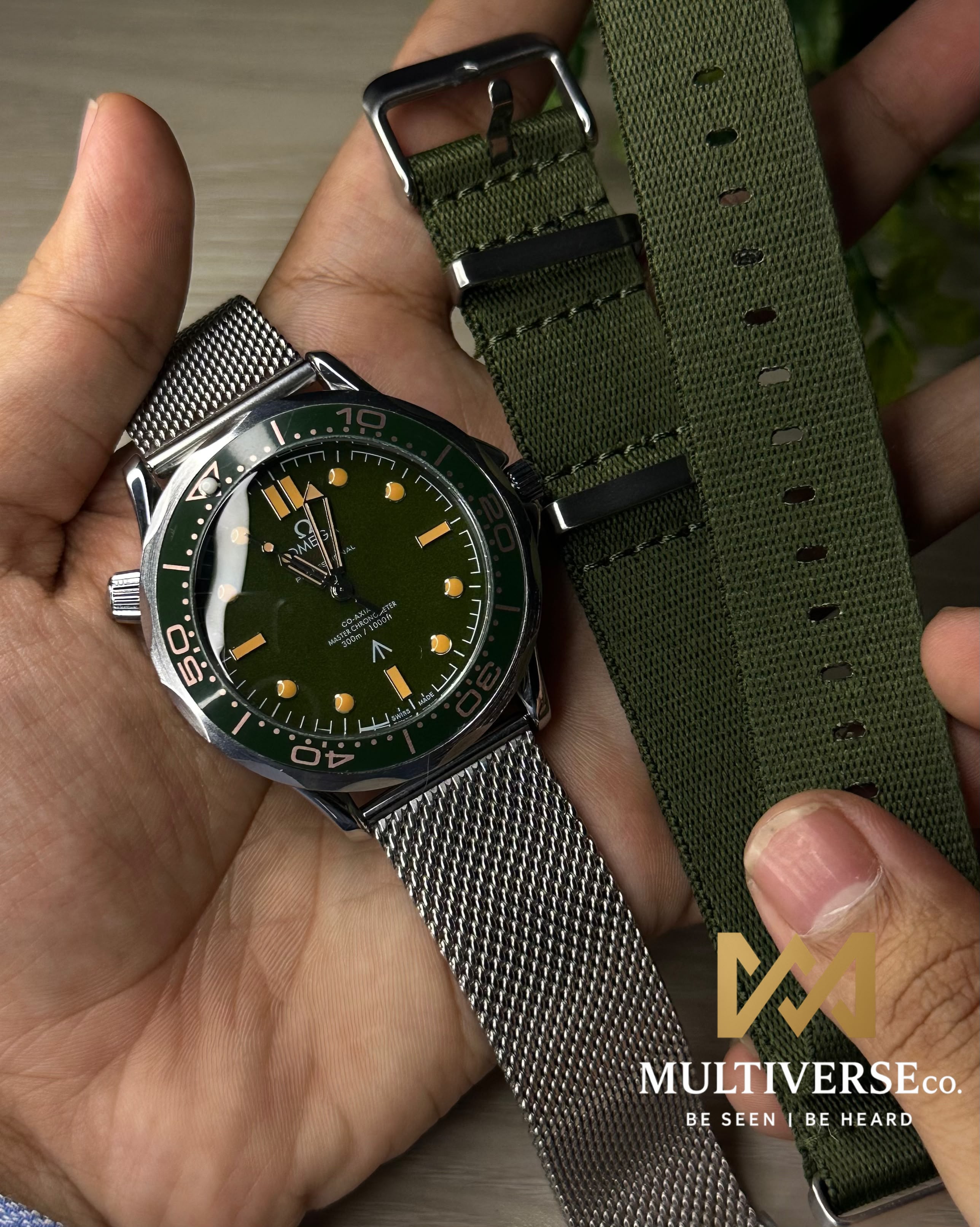 OMEGA 007 JAMES BOND EDITION MESH STRAP GREEN DIAL WATCH FREE NATO STRAP_img_0