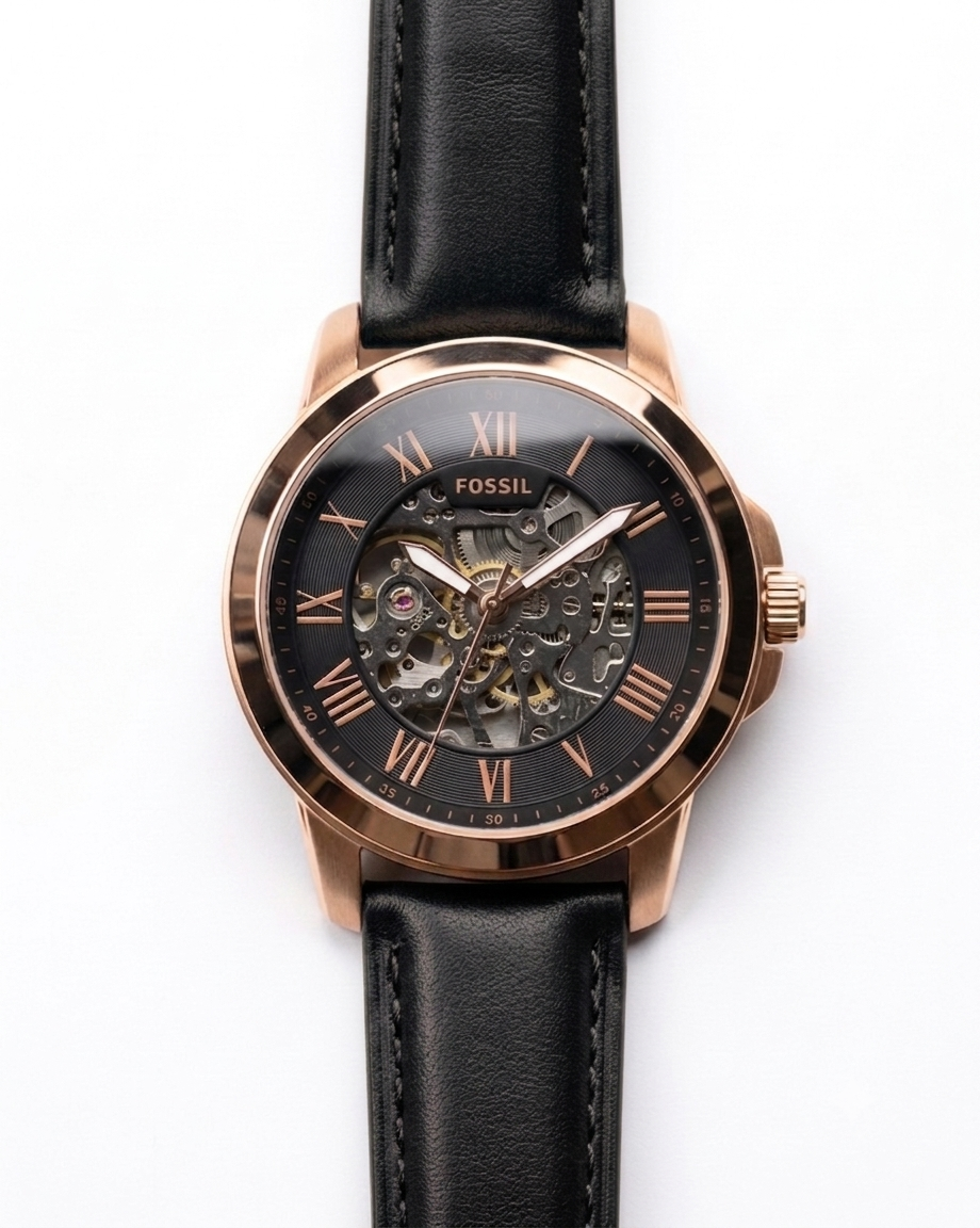 FOSSIL GRANT AUTOMATIC SKELETON ROSE GOLD TONE BLACK STRAP WATCH (AA)