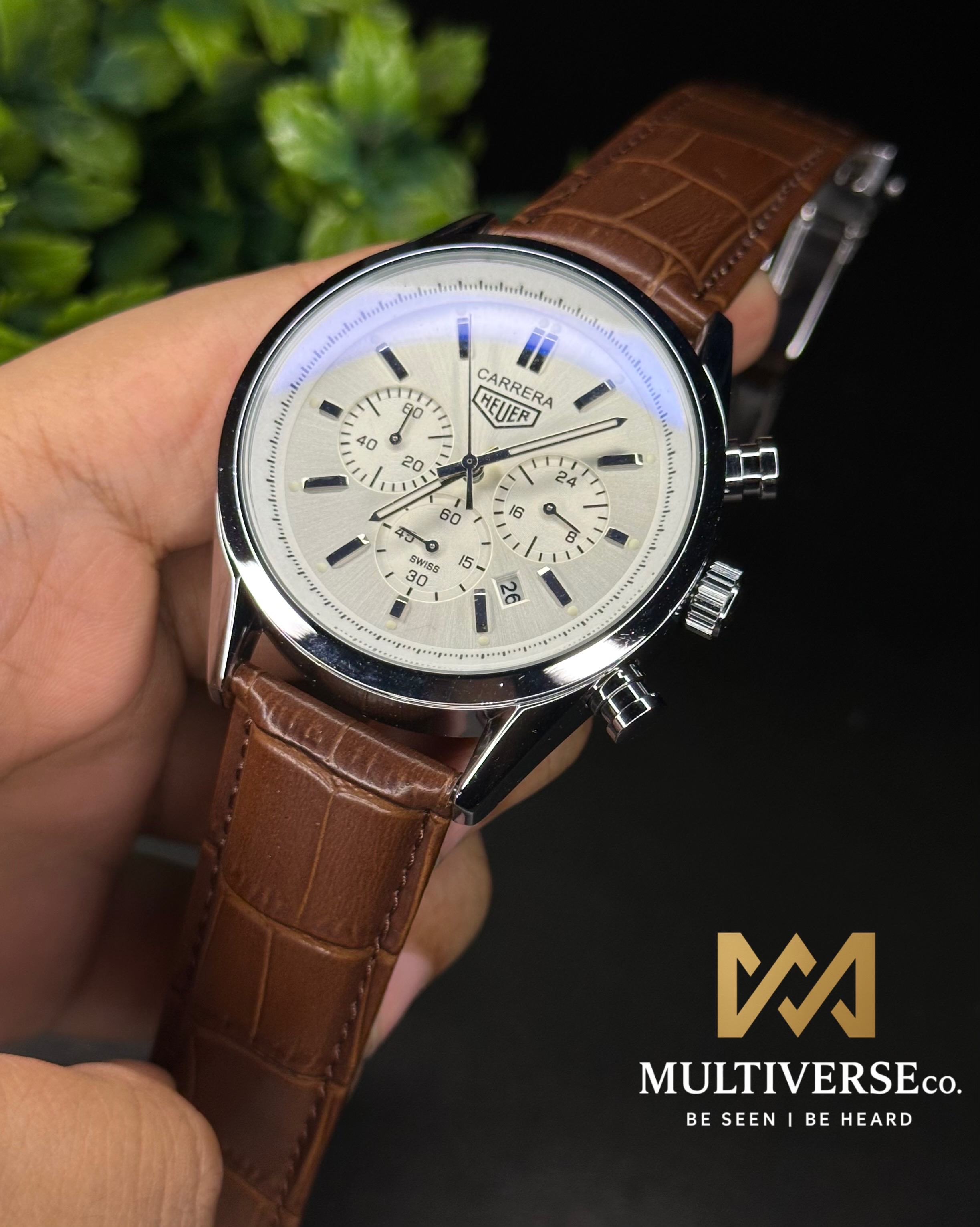 TAG HEUER CARRERA CHRONOGRAPH SILVER CASE BROWN BELT WHITE DIAL (AA)_img_0