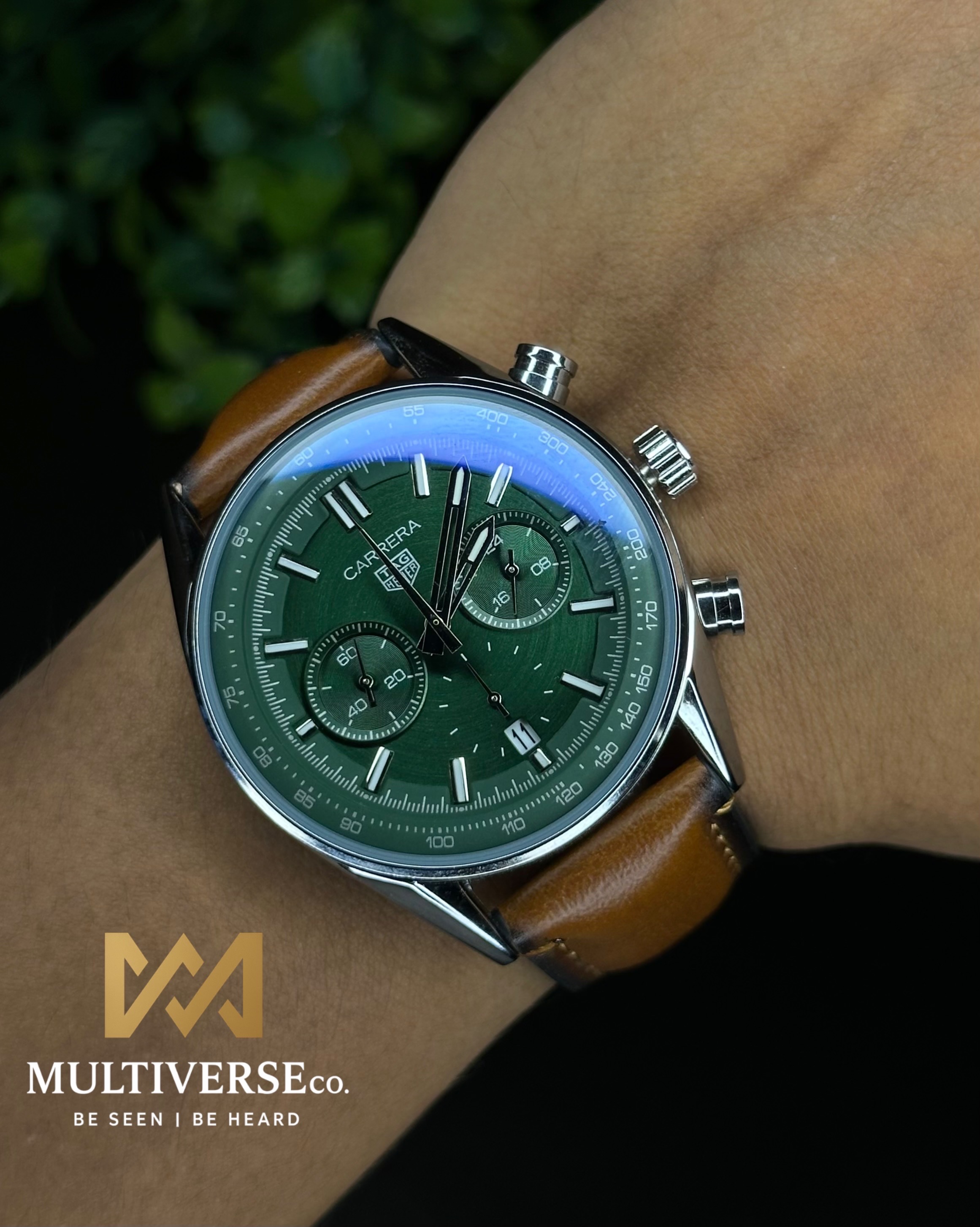 TAG HEUER CARRERA CHRONOGRAPH GREEN DIAL LIGHT BROWN BELT (AA)_img_2