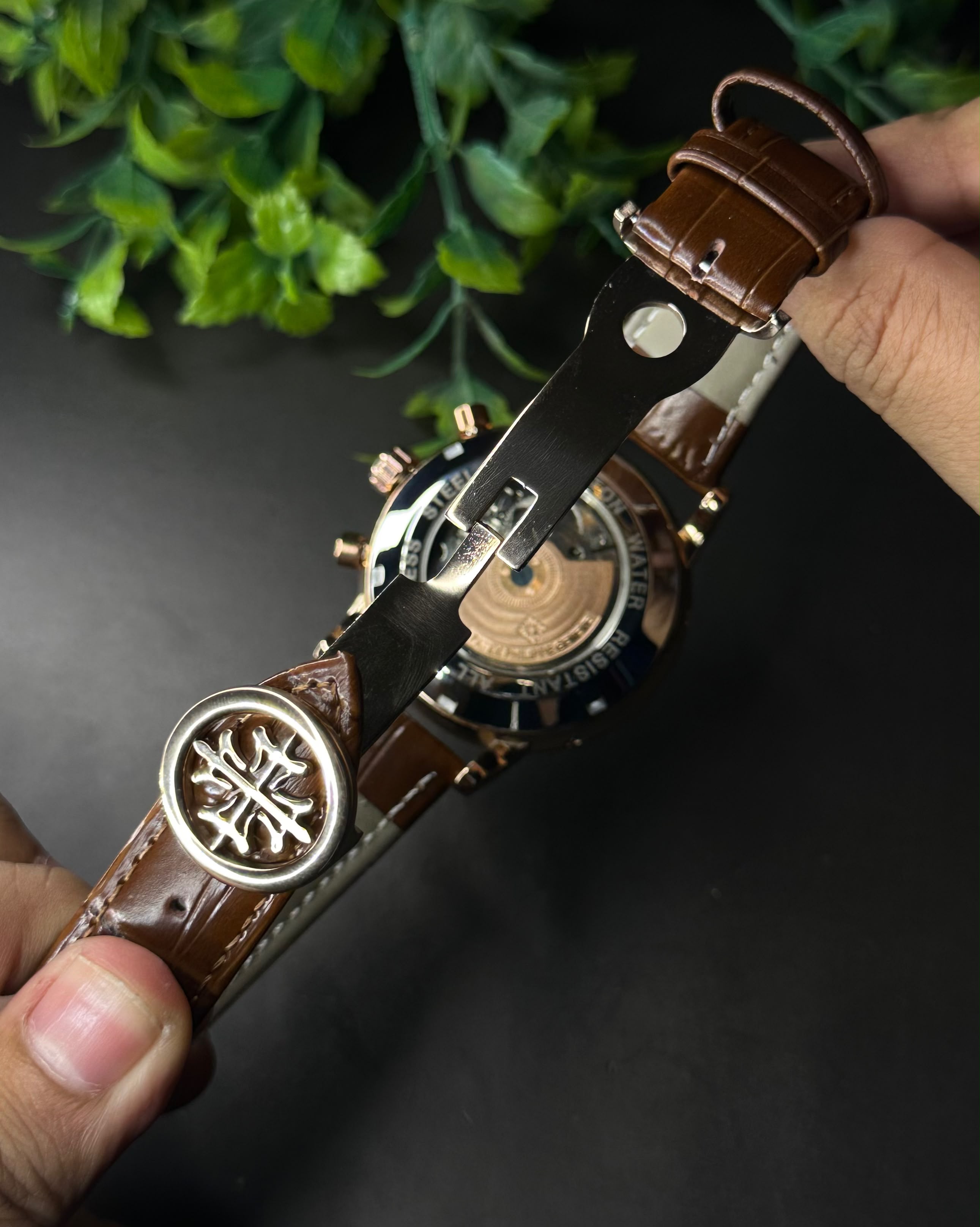 PATEK PHILIPPE GRAND CALENDAR OPEN-HEART PERPETUAL BROWN LEATHER ROSE GOLD TONE WATCH_img_5
