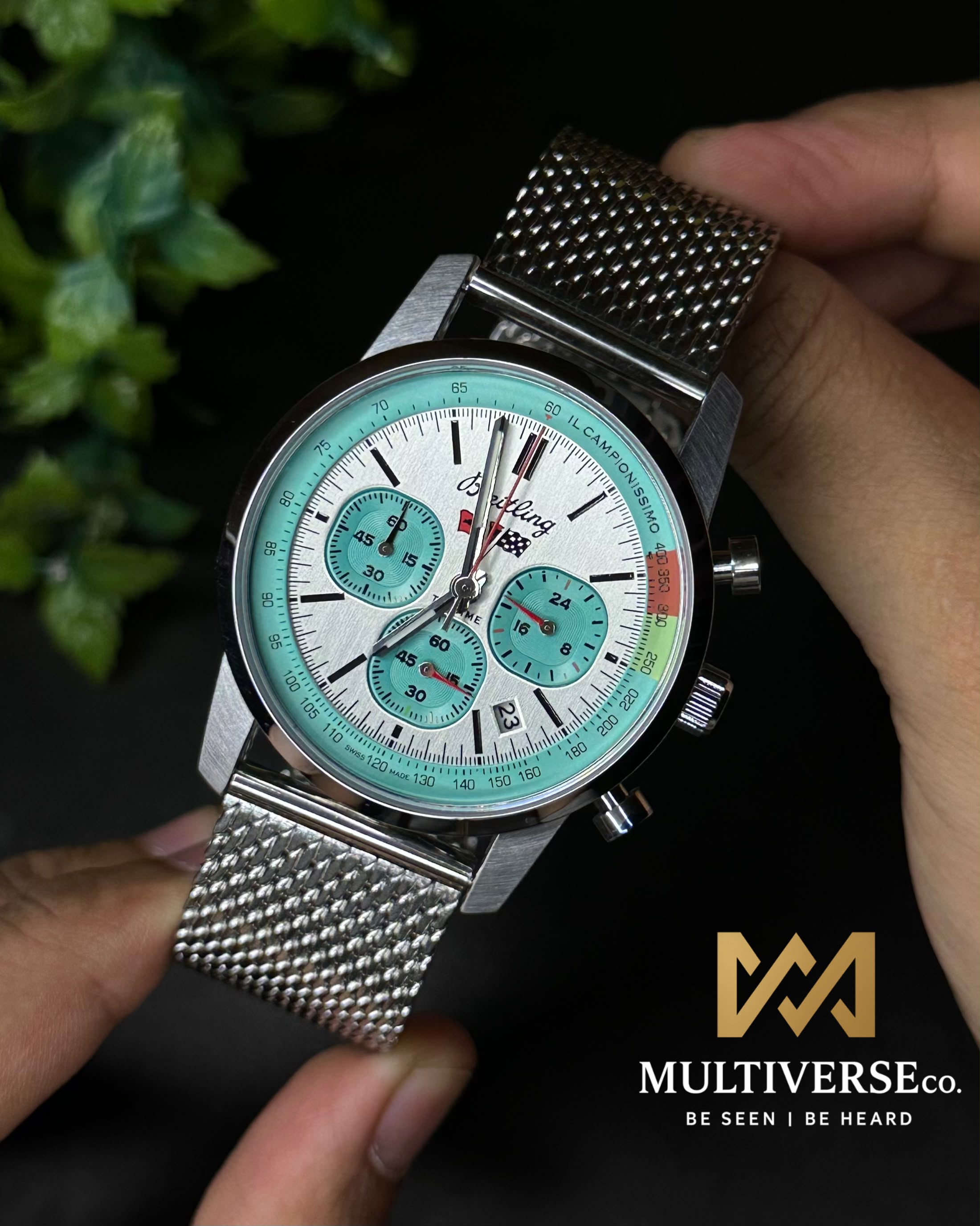 BREITLING TOP TIME WHITE DIAL ACTIVE CHRONOGRAPH MESH STRAP MEN’S WATCH