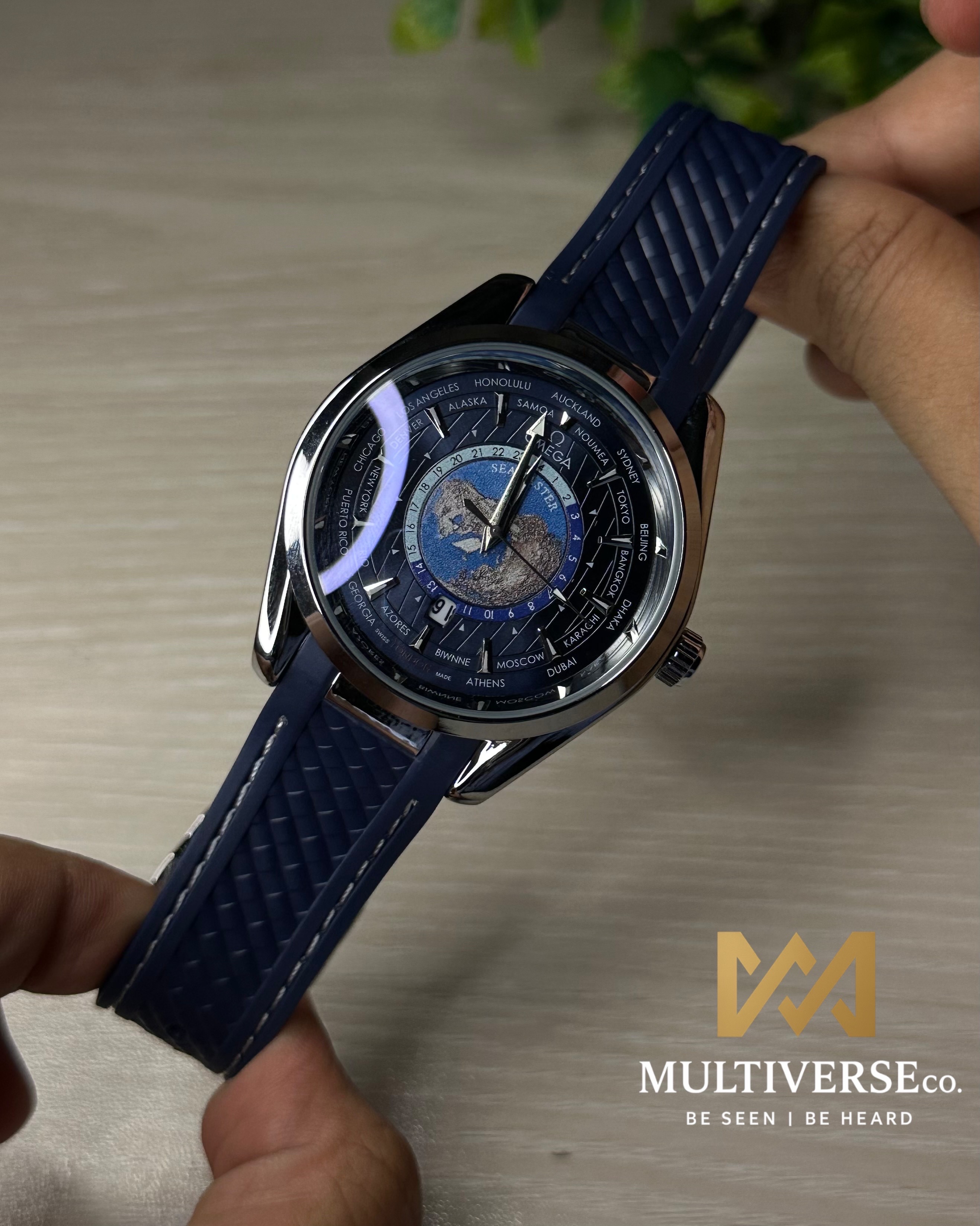 OMEGA SEAMASTER AQUA TERRA WORLDTIMER BLUE DIAL BLUE STRAP WATCH_img_3