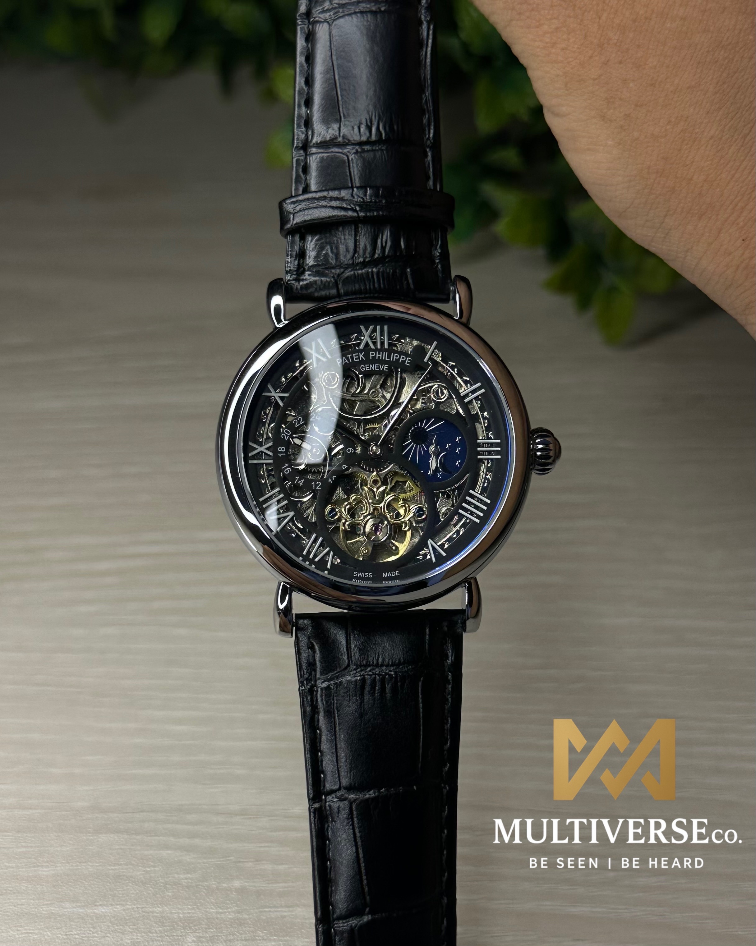 PATEK PHILIPPE SKELETON TOURBILLON BLACK LEATHER SILVER TONE BLACK DIAL WATCH_img_5