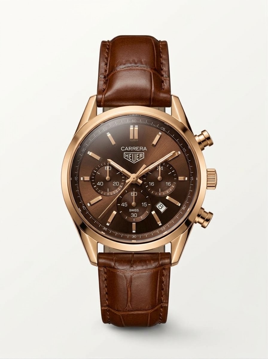 TAG HEUER CARRERA CHRONO TRI-COMPAX BROWN BELT ROSE GOLD CASE BROWN DIAL WATCH (AA)