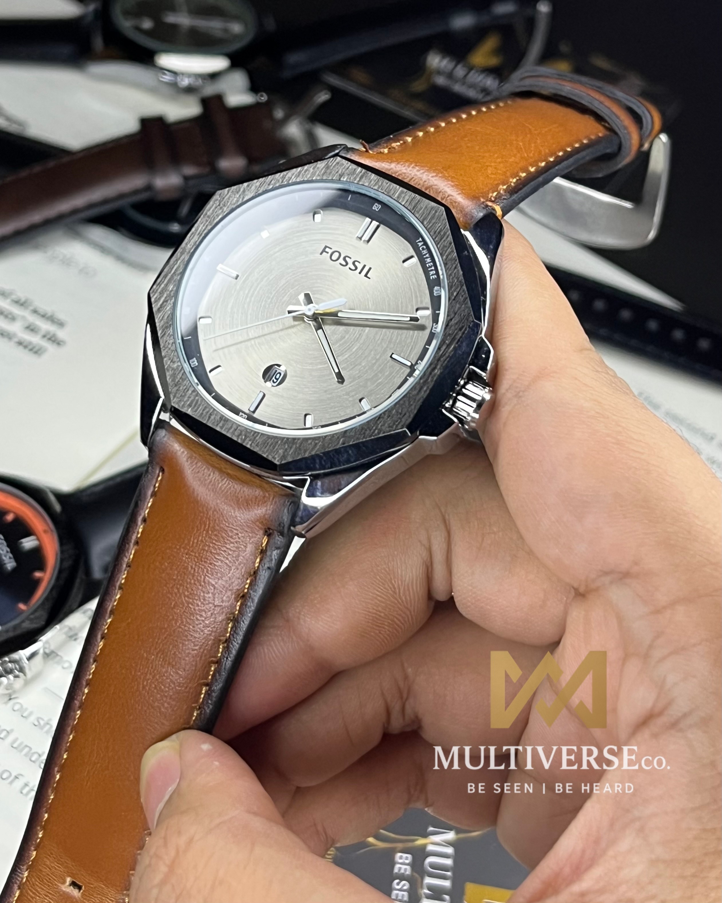 FOSSIL CLASSIC DATE | LIGHT BROWN BELT | BLACK BEZEL | SILVER DIAL (AA)