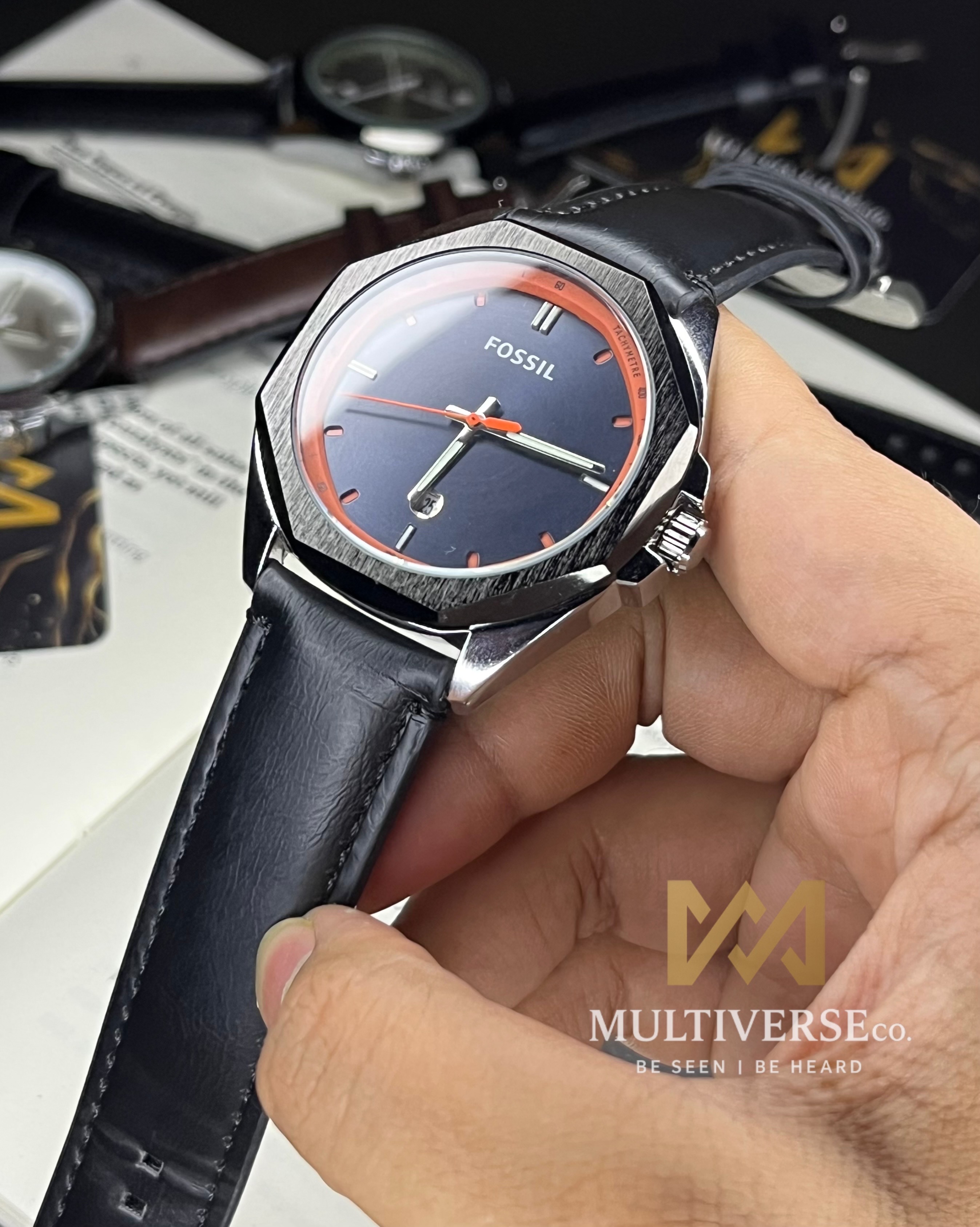 FOSSIL CLASSIC DATE | BLACK BELT | BLACK BEZEL | BLUE-ORANGE DIAL (AA)