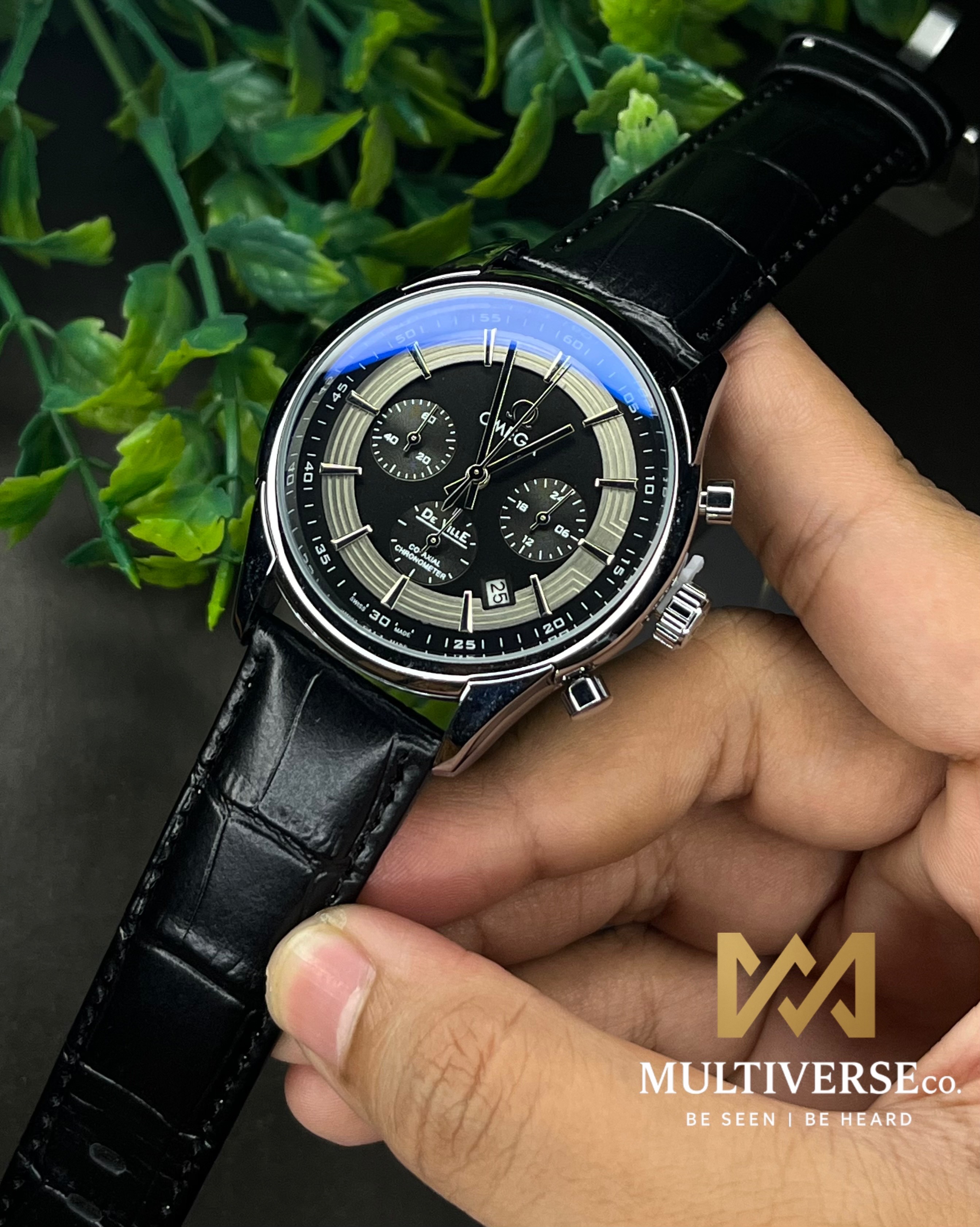 OMEGA DE VILLE LEATHER BELT BLACK DIAL CHRONOGRAPH WATCH (AA)_img_0