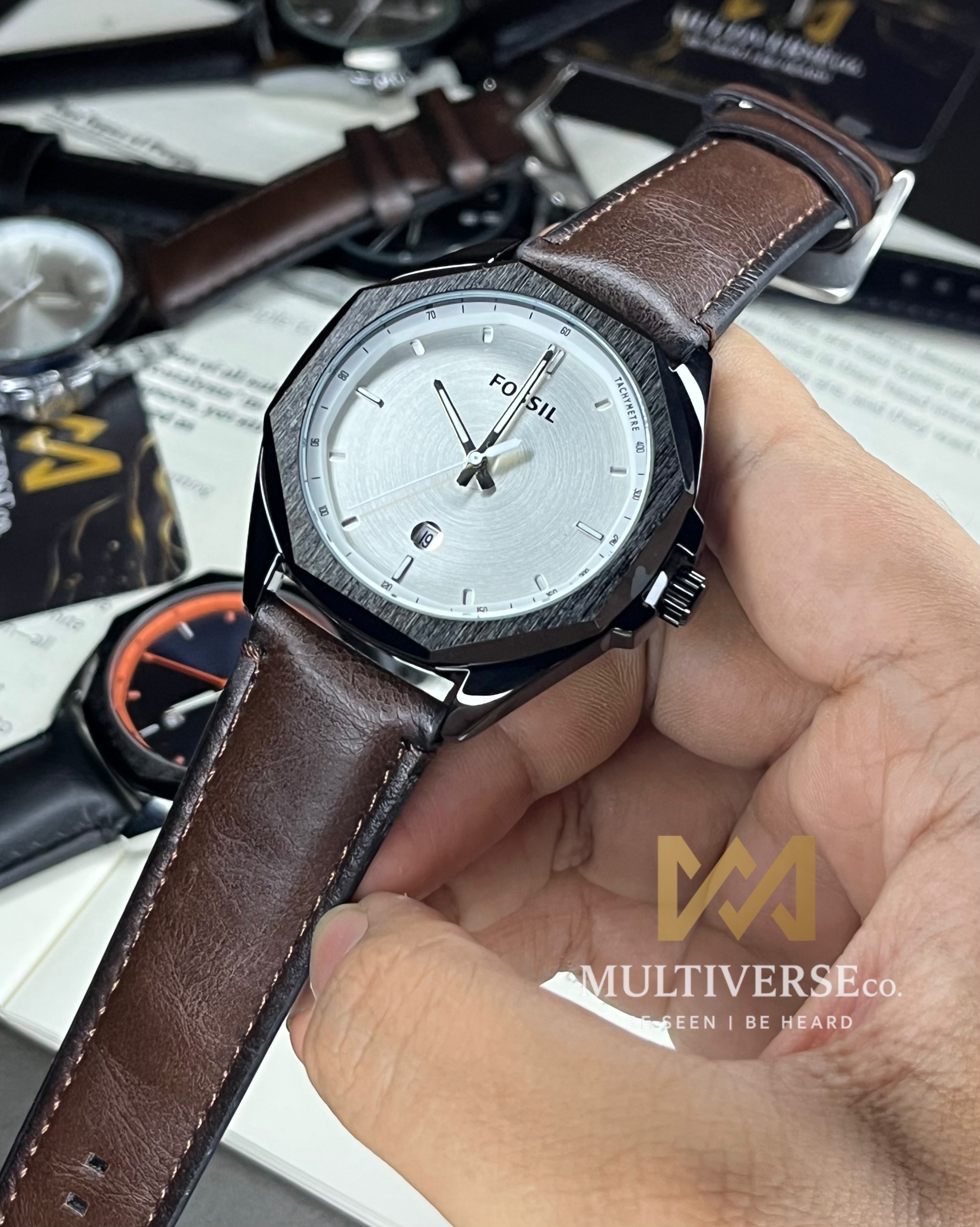 FOSSIL CLASSIC DATE | DARK BROWN BELT | BLACK BEZEL | SILVER DIAL (AA)