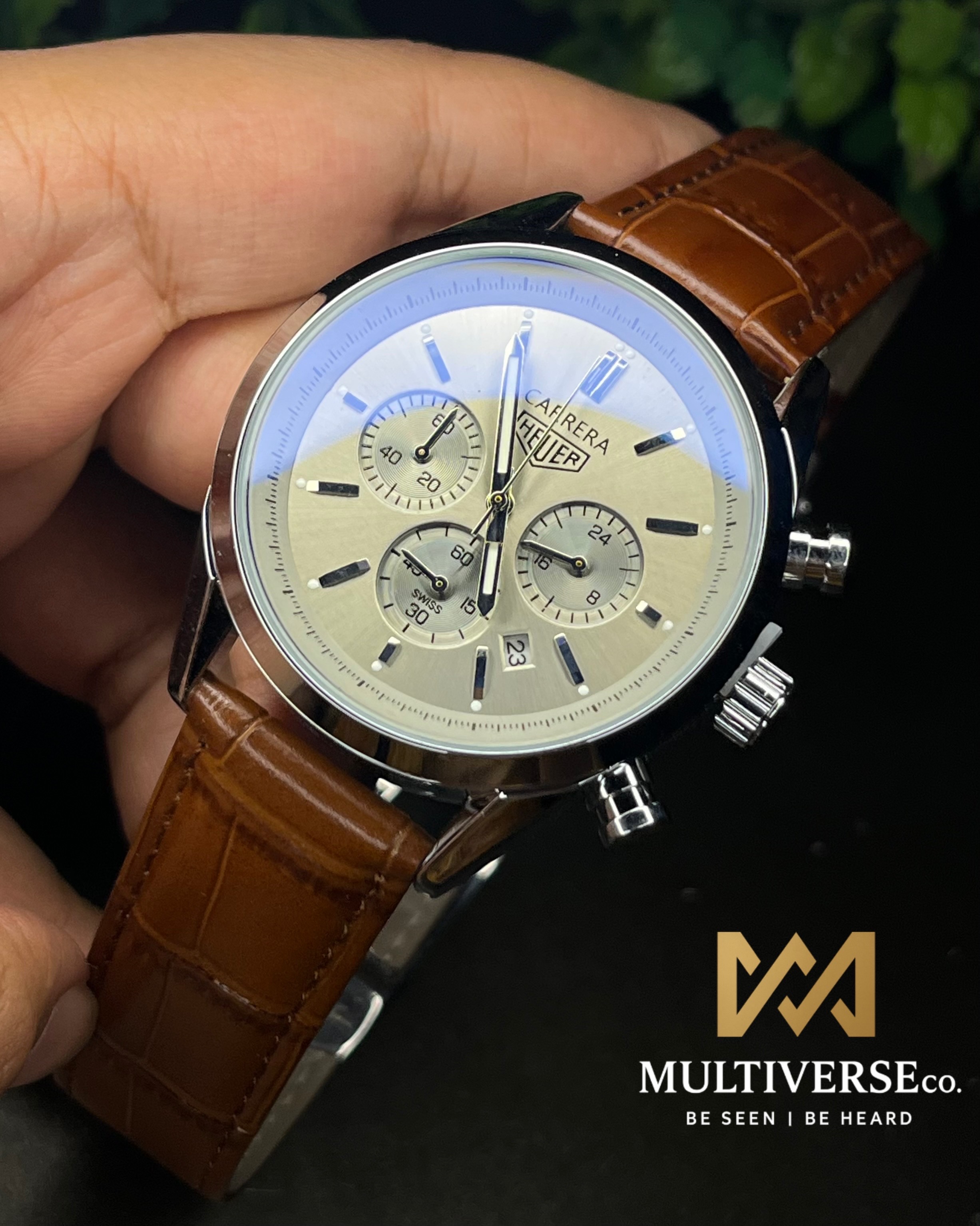 TAG HEUER CARRERA CHRONOGRAPH SILVER CASE BROWN BELT GREY DIAL (AA)_img_0