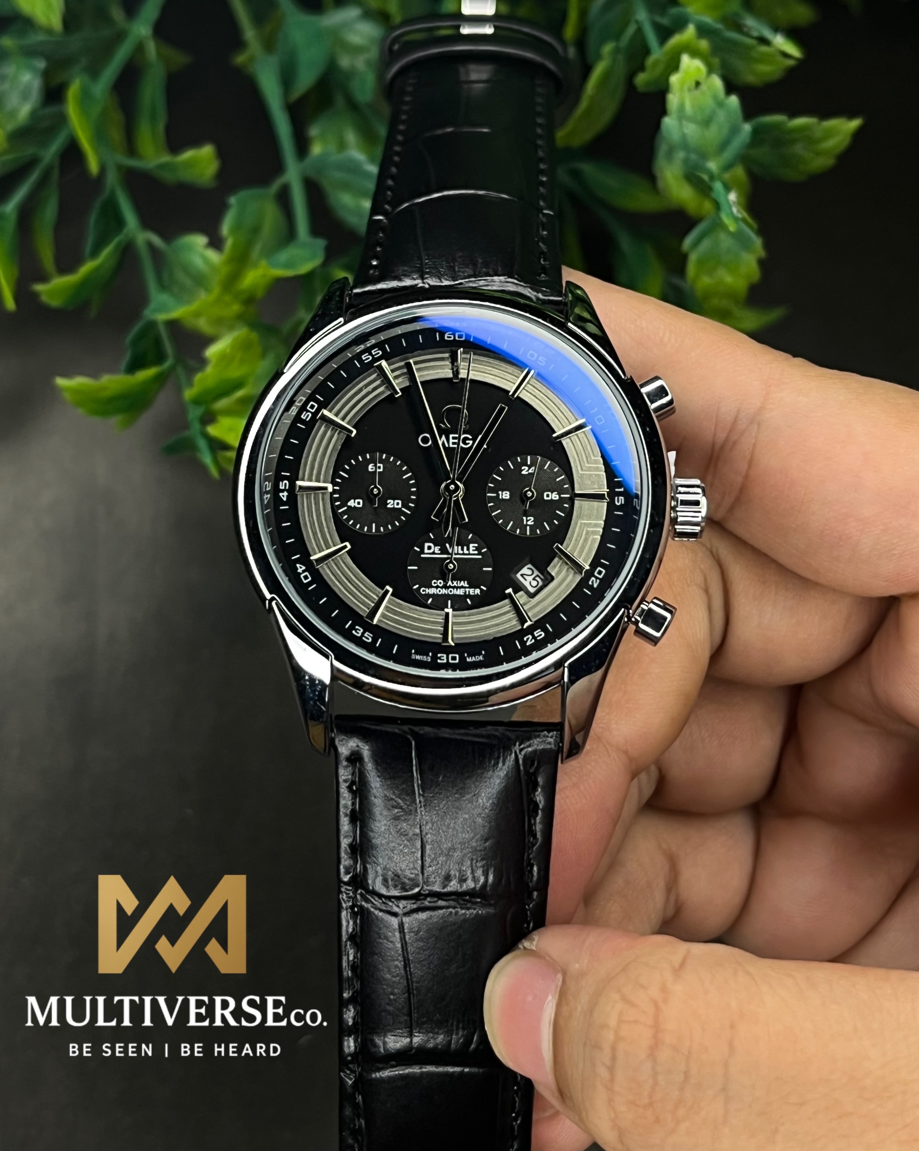 OMEGA DE VILLE LEATHER BELT BLACK DIAL CHRONOGRAPH WATCH (AA)_img_1