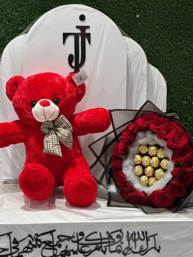 Teddy with chocolate flowers bouquet