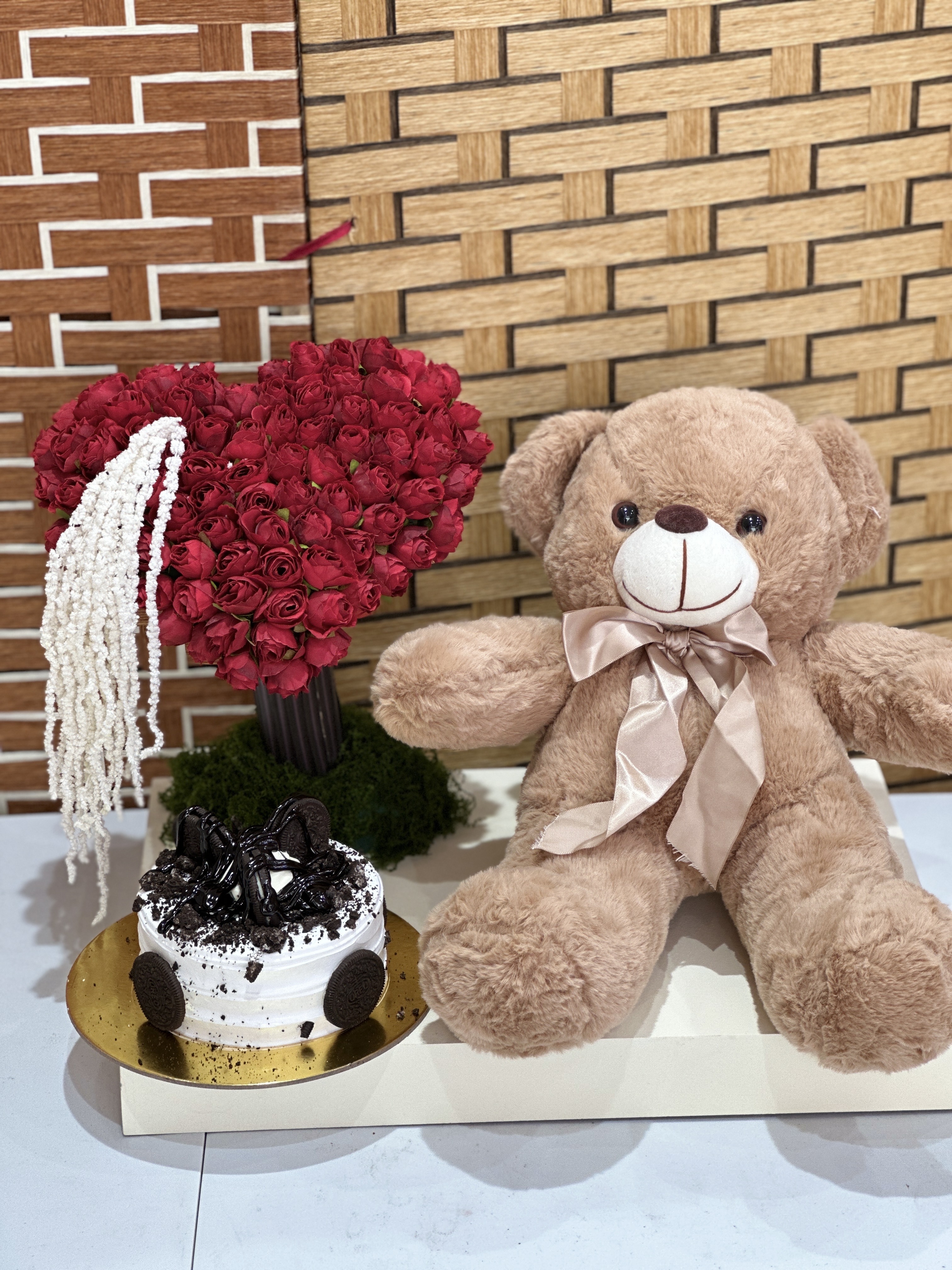 Cake Teddy with  Red artificial arrangements
