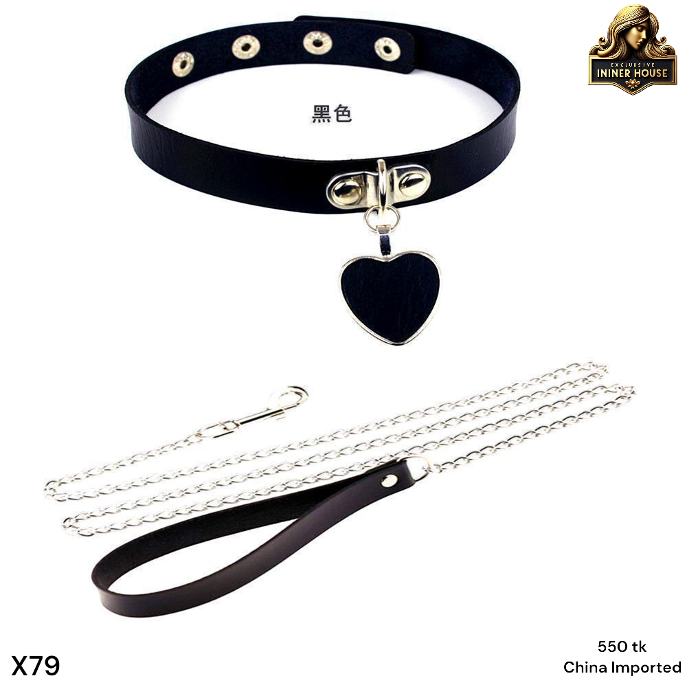 Black Leather Choker Collar with Heart Pendant & Chain Leash Set