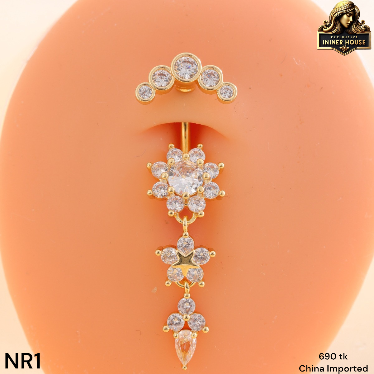 Elegant Crystal Flower Belly Ring with Star Charm – Premium Navel Piercing