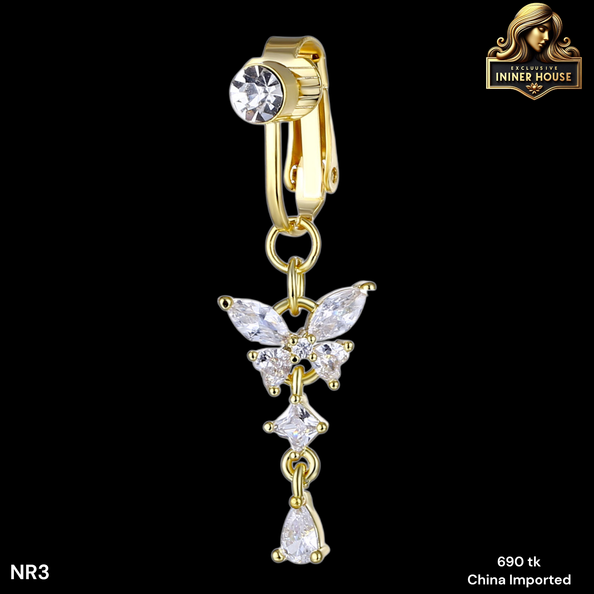 Butterfly Crystal Clip-On Belly Ring – Non-Piercing Navel Jewelry for Women_img_1