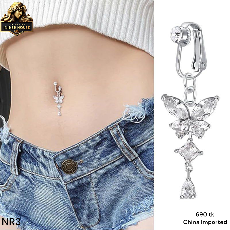 Butterfly Crystal Clip-On Belly Ring – Non-Piercing Navel Jewelry for Women_img_0