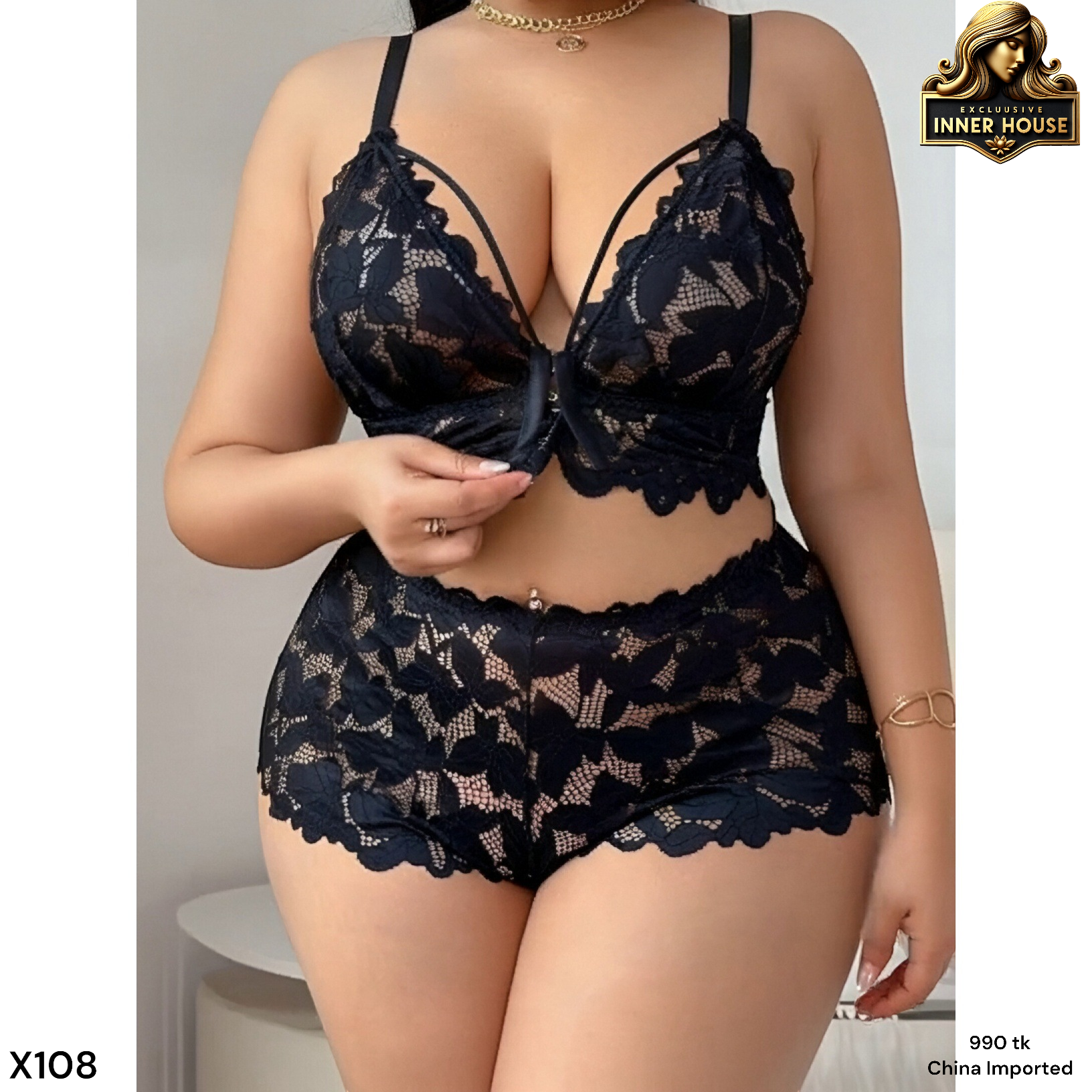 Plus Size Floral Lace Lingerie Set for Women – Premium Black Bra & Panty Set_img_3