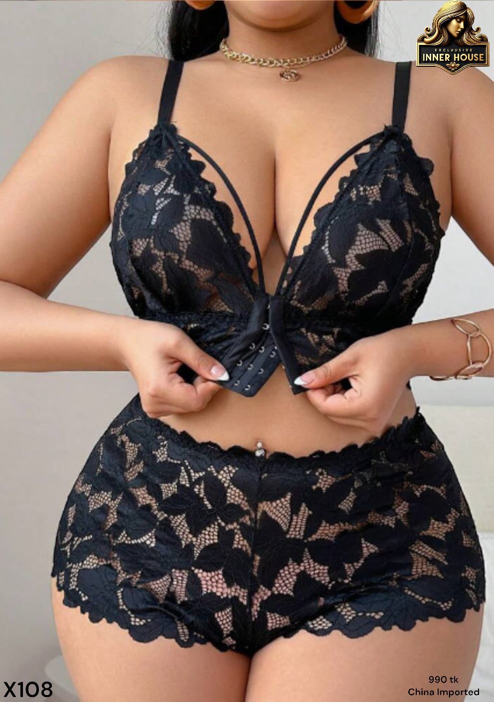 Plus Size Floral Lace Lingerie Set for Women – Premium Black Bra & Panty Set