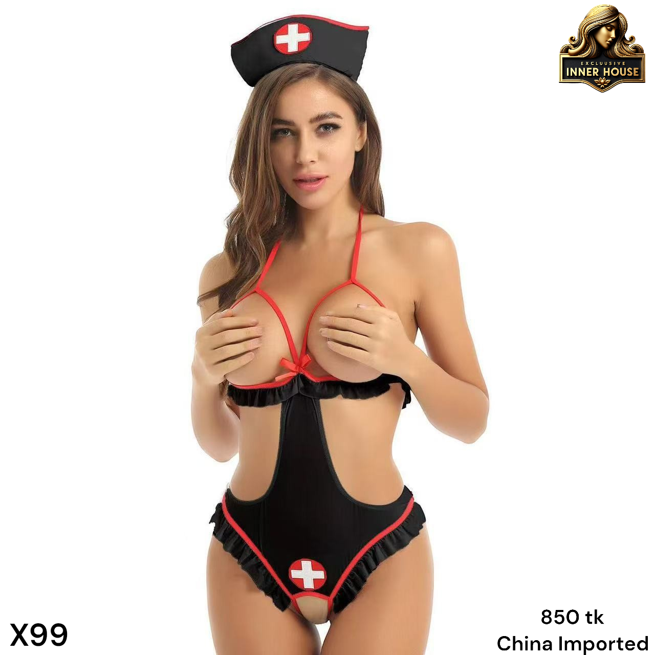 Premium Nurse Cosplay Lingerie Set for Women – Open Cup Nurse Costume Teddy Bodysuit with Headband | Role Play Lingerie Bangladesh