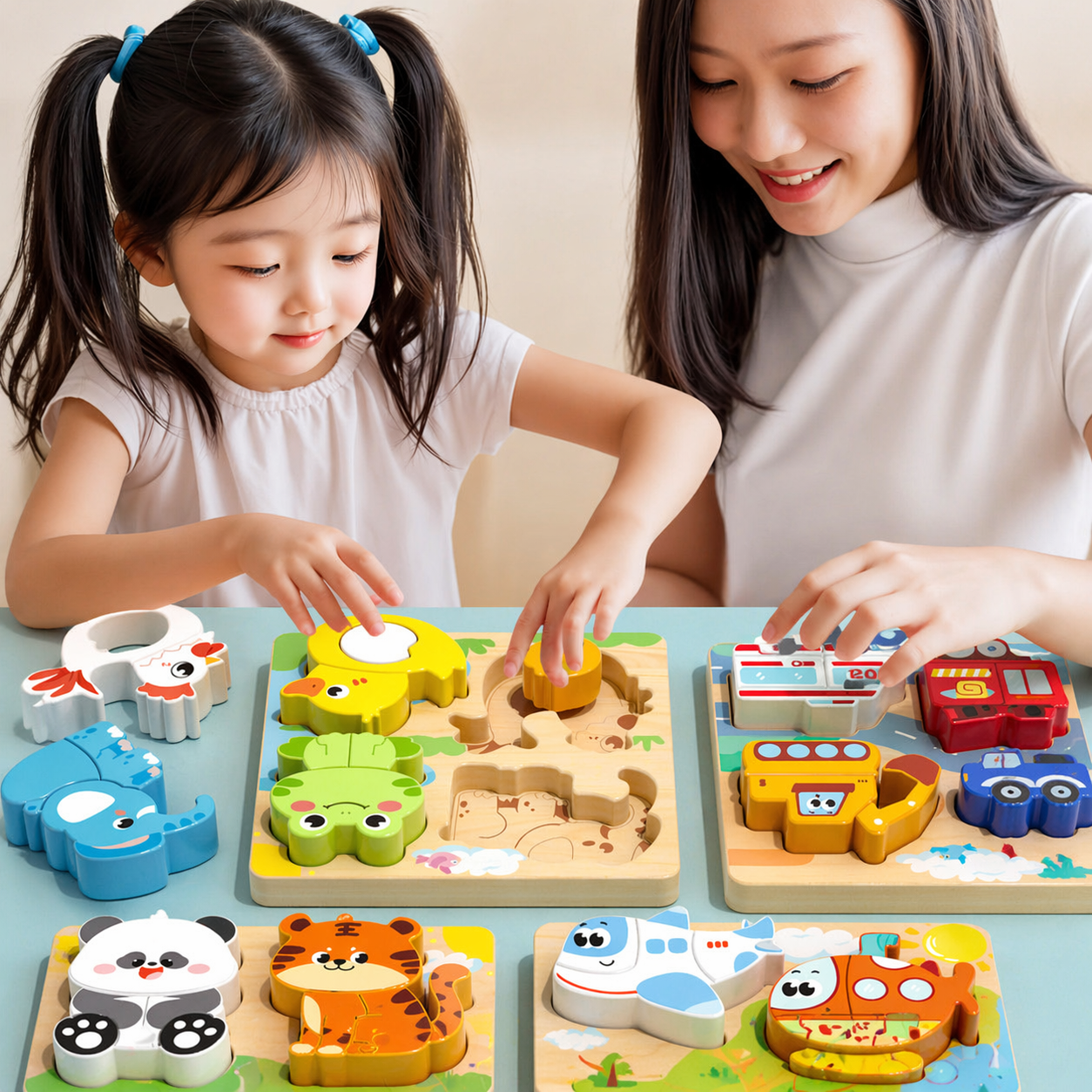 4-in-1 3D Wooden Puzzle Board for Kids – Educational Animal & Vehicle Shape Matching Toy