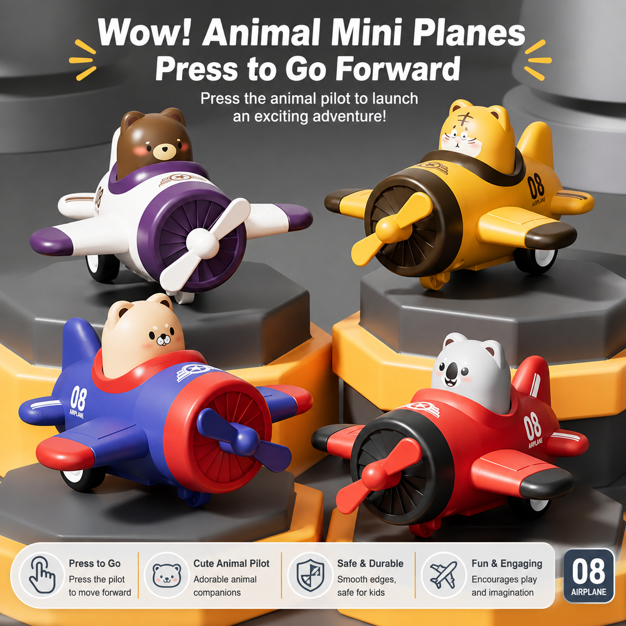 Kids Animal Pilot Mini Airplane Toy  | Push-to-Go Rotating Propeller Toy for Kids