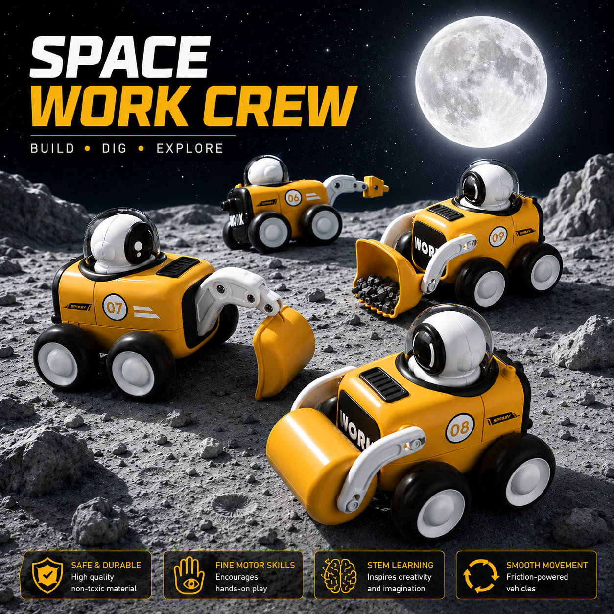 Kids Push & Go Astronaut Construction Vehicle Toy |  Space Work Crew Engineering Vehicle Toy