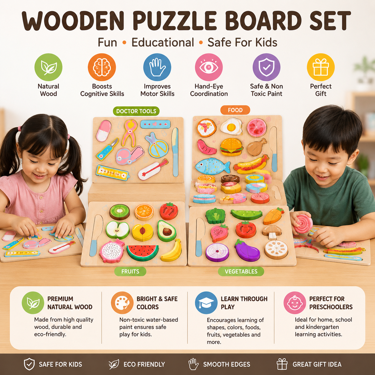 Kids Wooden Montessori Puzzle Board Set | Educational Fruit, Vegetable, Food & Doctor Learning Toy_img_1