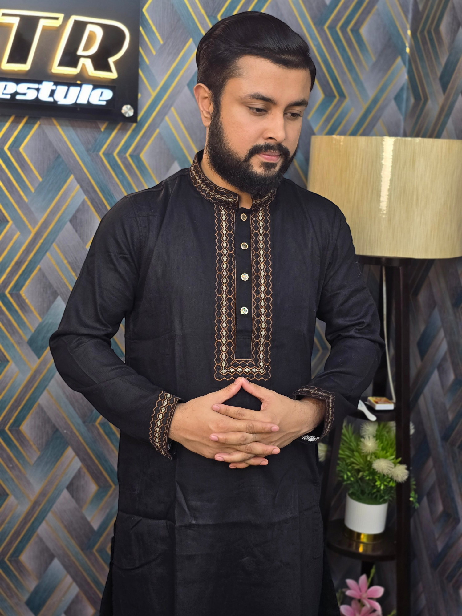 Elite embroidered black panjabi code:411