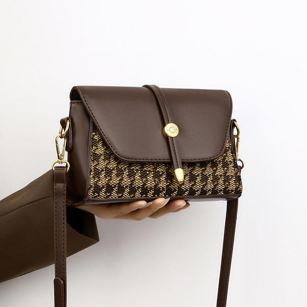 Vintage Brown Houndstooth Crossbody Bag for Women._img_3