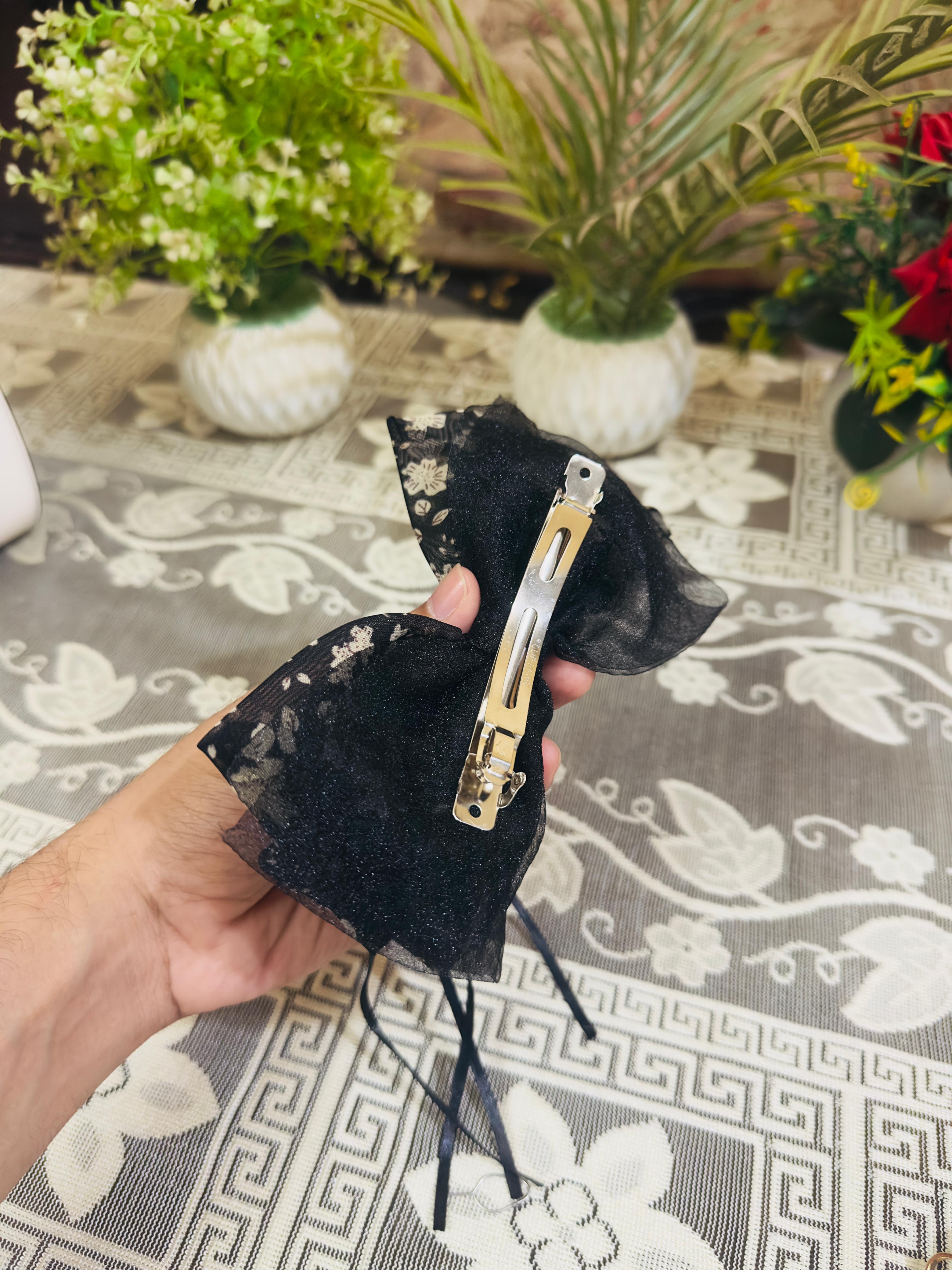 Classic Black Bow Hair Clip with Crystal Centerpiece_img_1