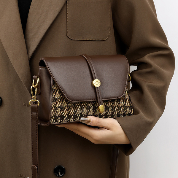 Vintage Brown Houndstooth Crossbody Bag for Women._img_4
