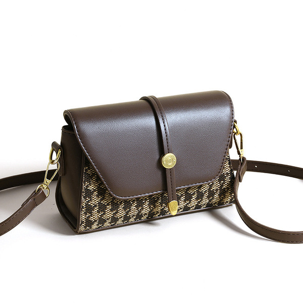 Vintage Brown Houndstooth Crossbody Bag for Women._img_1