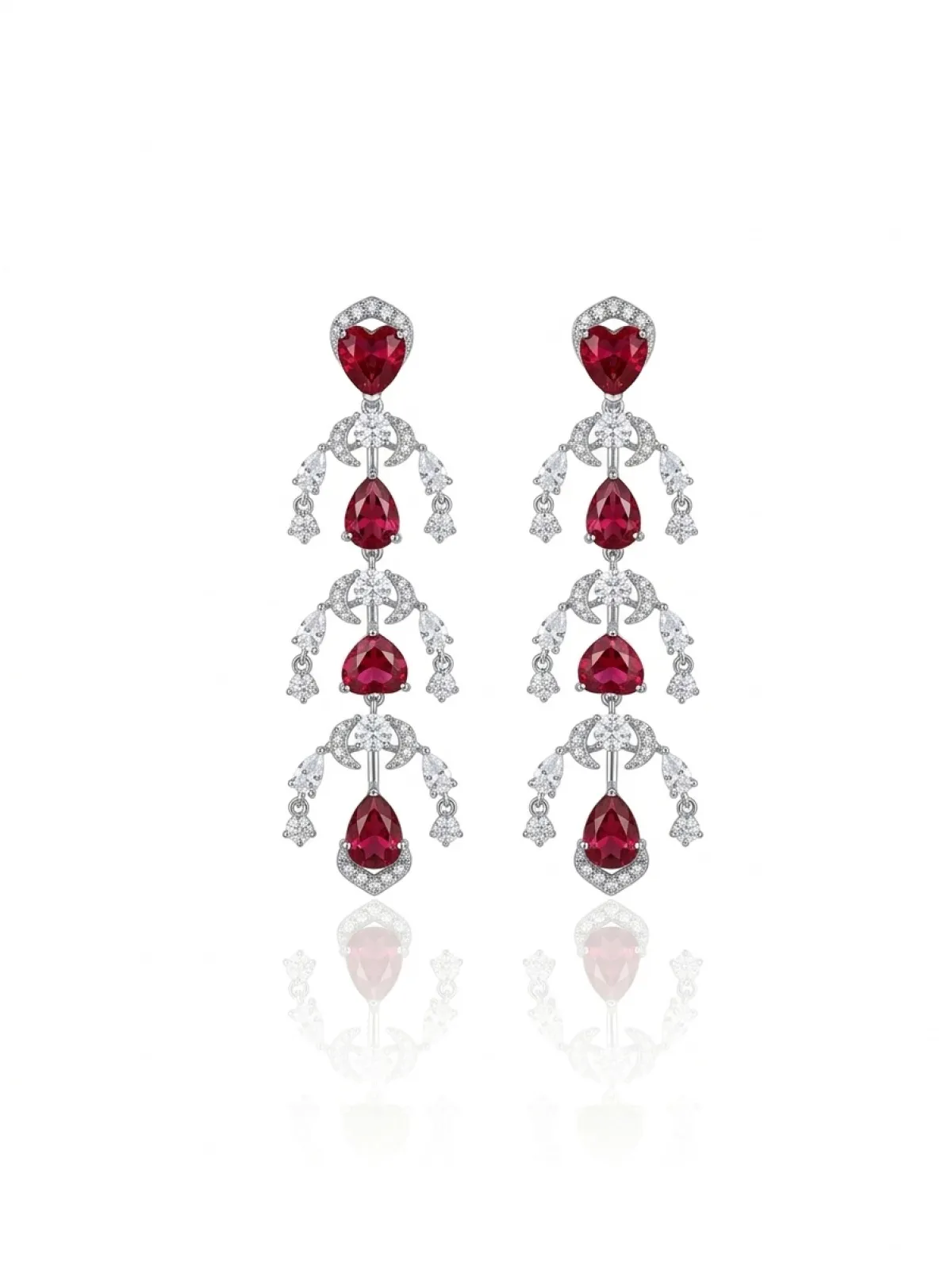 Glamorous Ruby Red Crystal Chandelier Dangle Earrings - Vintage Style Silver Plated Statement Drop Earrings.