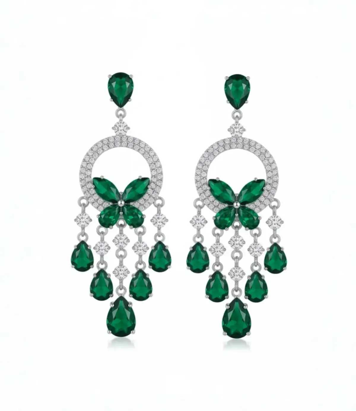 Elegant Emerald Green Crystal Butterfly Chandelier Earrings - Silver Plated Statement Drop Earrings for Women.