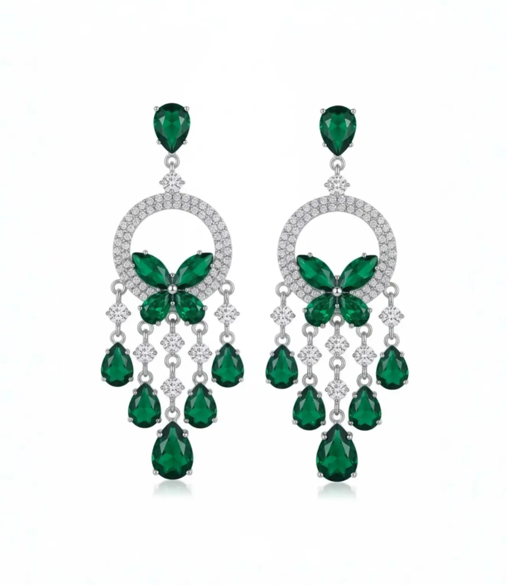 Elegant Emerald Green Crystal Butterfly Chandelier Earrings - Silver Plated Statement Drop Earrings for Women.