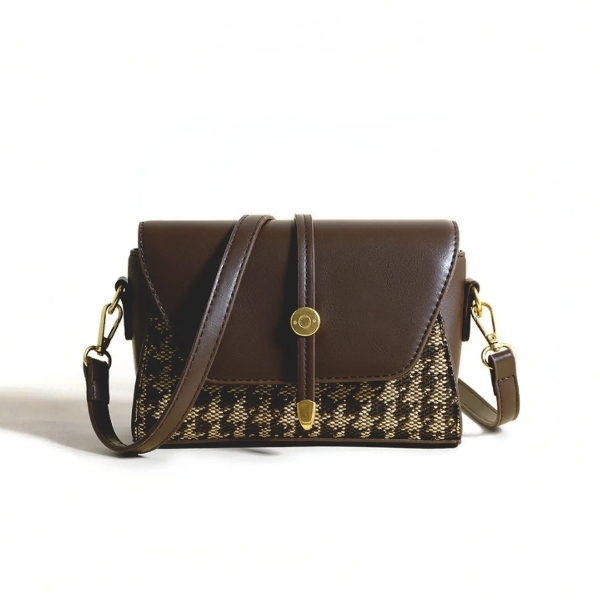 Vintage Brown Houndstooth Crossbody Bag for Women.