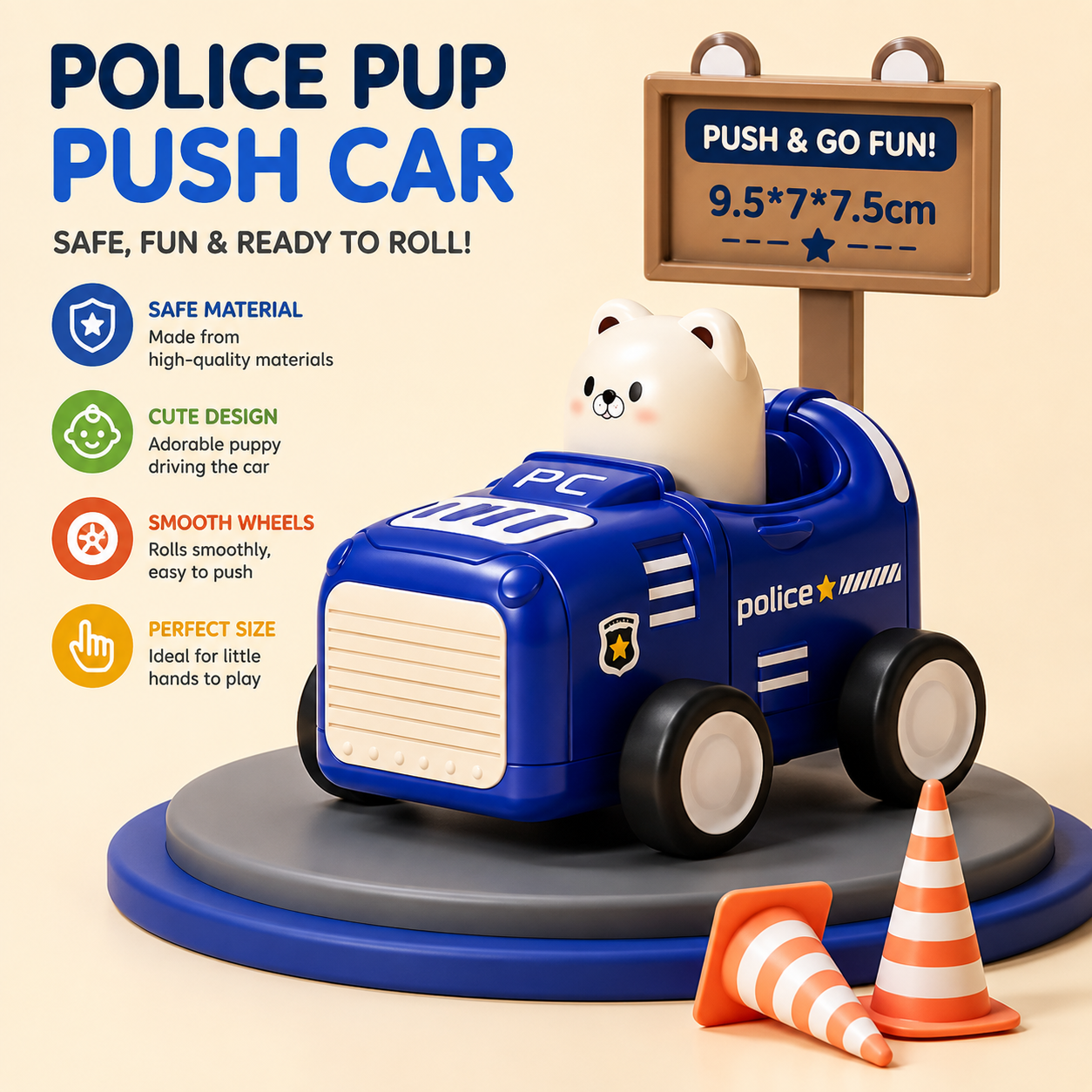 Kids Cute Animal Press Push Car Toy | Mini Fire, Police, Engineer & Doctor Cars
